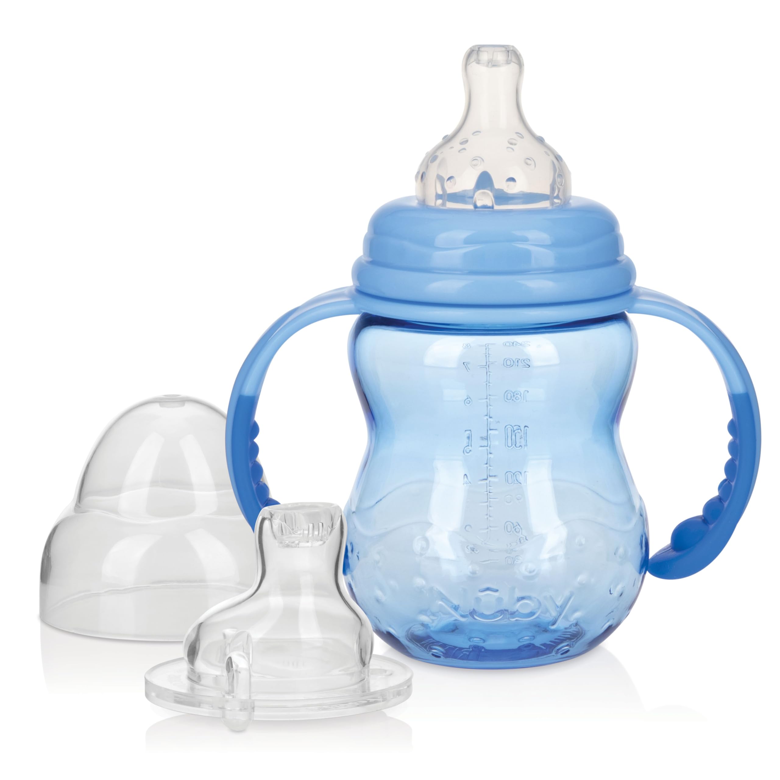Nuby 3 in 1 Baby Bottle to Training Sippy Cup - 8 Oz Toddler Cups Spill Proof with Soft Spout, & Removeable Grip Handles - BPA Free & Dishwasher Safe (Blue)