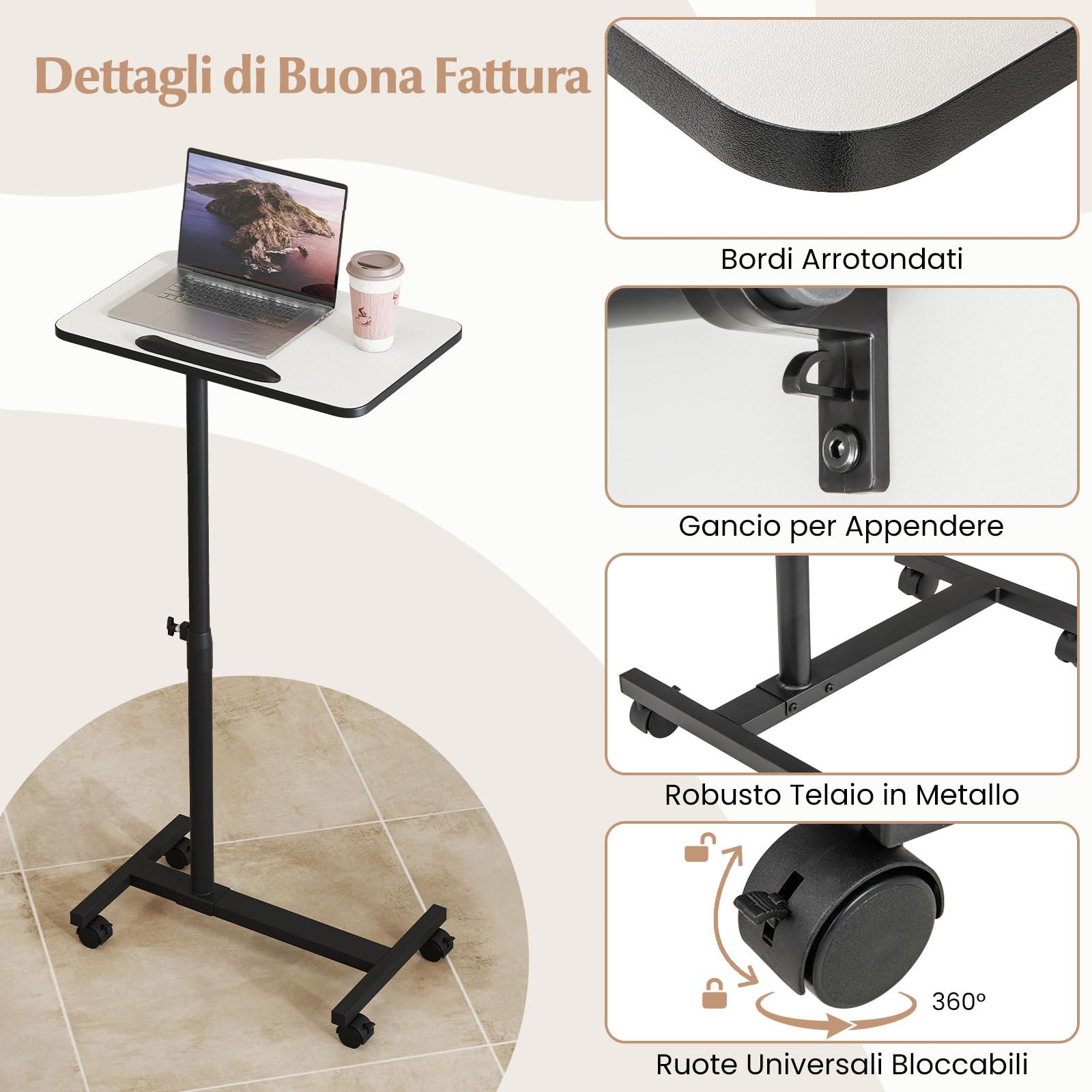 COSTWAY Tavolino Servitore con Altezza Regolabile, Ruote Bloccabili, Piano Girevole a 360° e Inclinabile con Fermo Bordo, Tavolino a Forma di C per Soggiorno, Camera da Letto e Studio (Grigio)