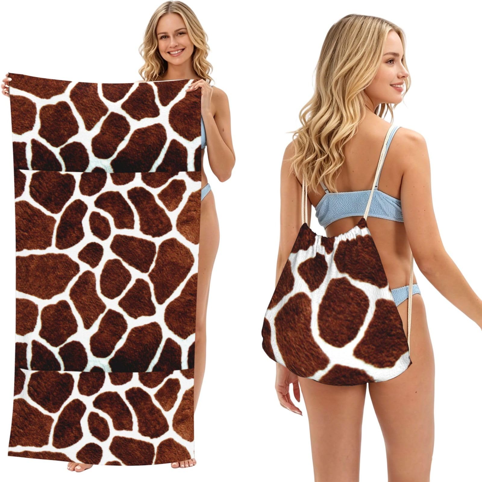 Poadnly As Picture African Giraffe Patten Design, 2 In 1 Packable Towel Bag, Beach Towels With Drawstring Backpack For Travel Holiday Camping