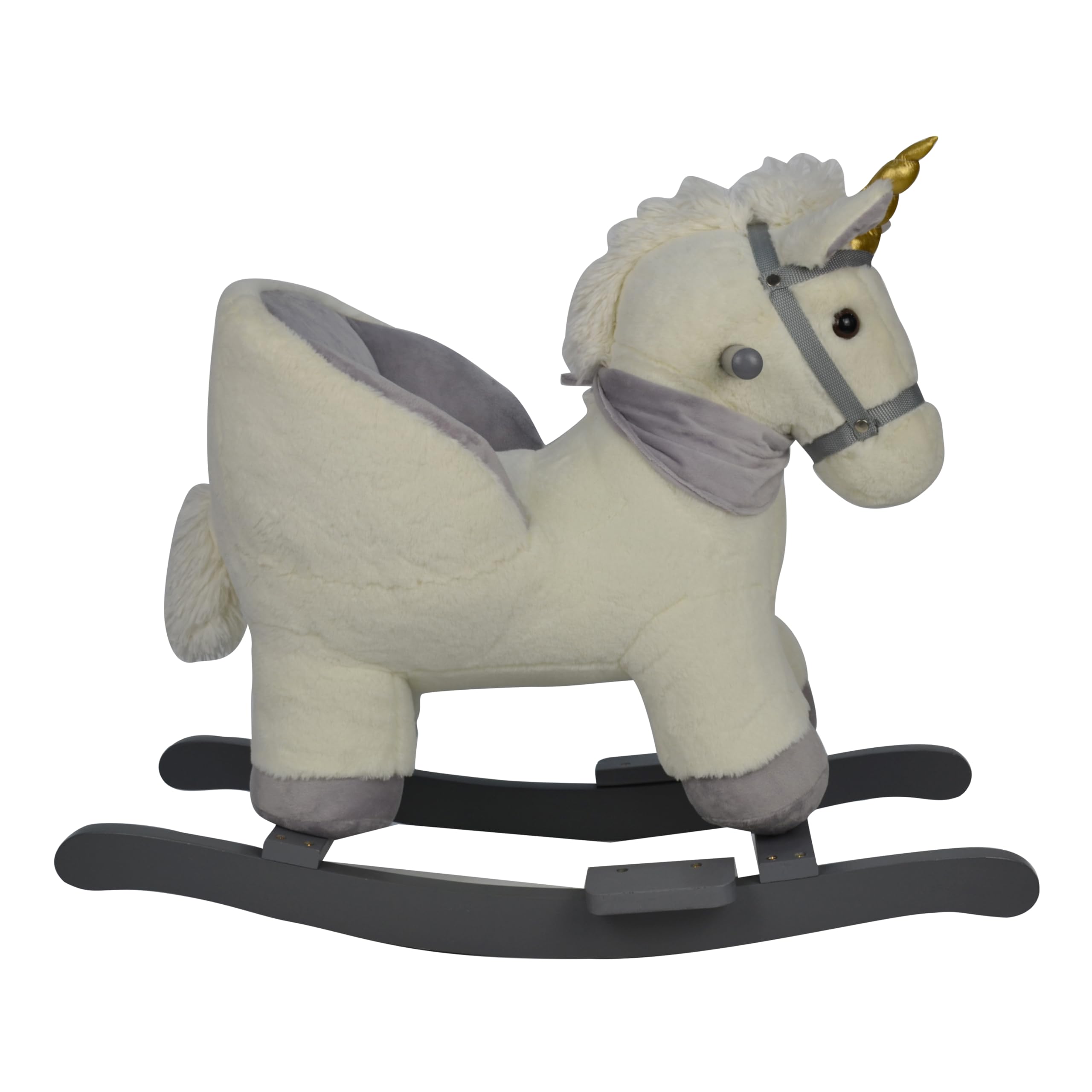 Cavallo a Dondolo Unicorno per Bambini da 18 a 36 Mesi Cavalcabile in Legno e Peluche con Suoni e Cintura di Sicurezza