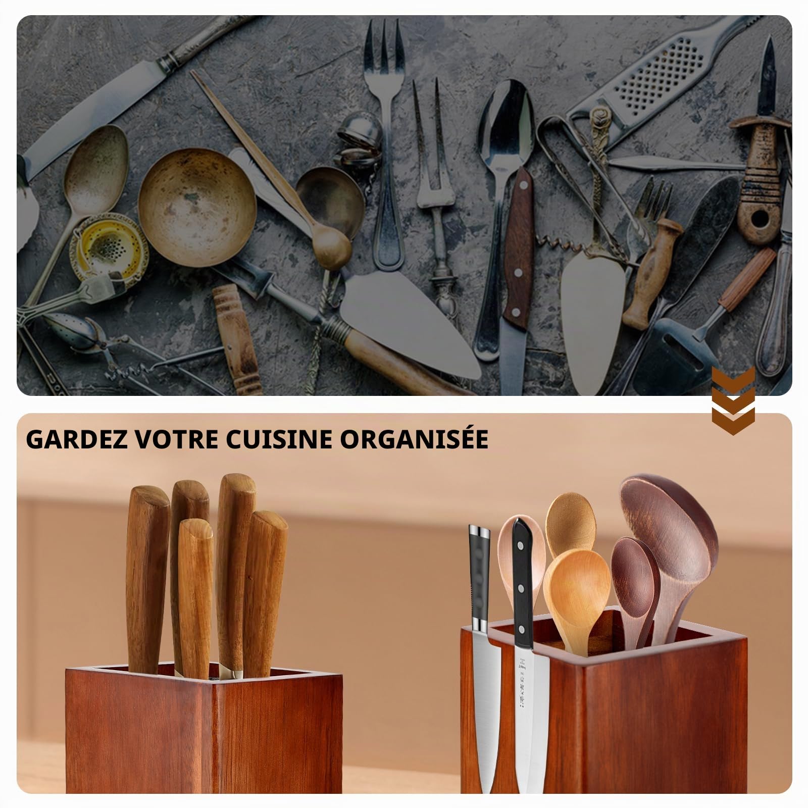 Gowkeey Bloc Couteau Cuisine, Range Couteaux Cuisine, Porte Couteau, Blocs Couteaux Vides, Support Couteau Cuisine Bois, Bloc à Couteaux Magnétique, Rangement Poils, Universel, 25x12x12 cm, Nature