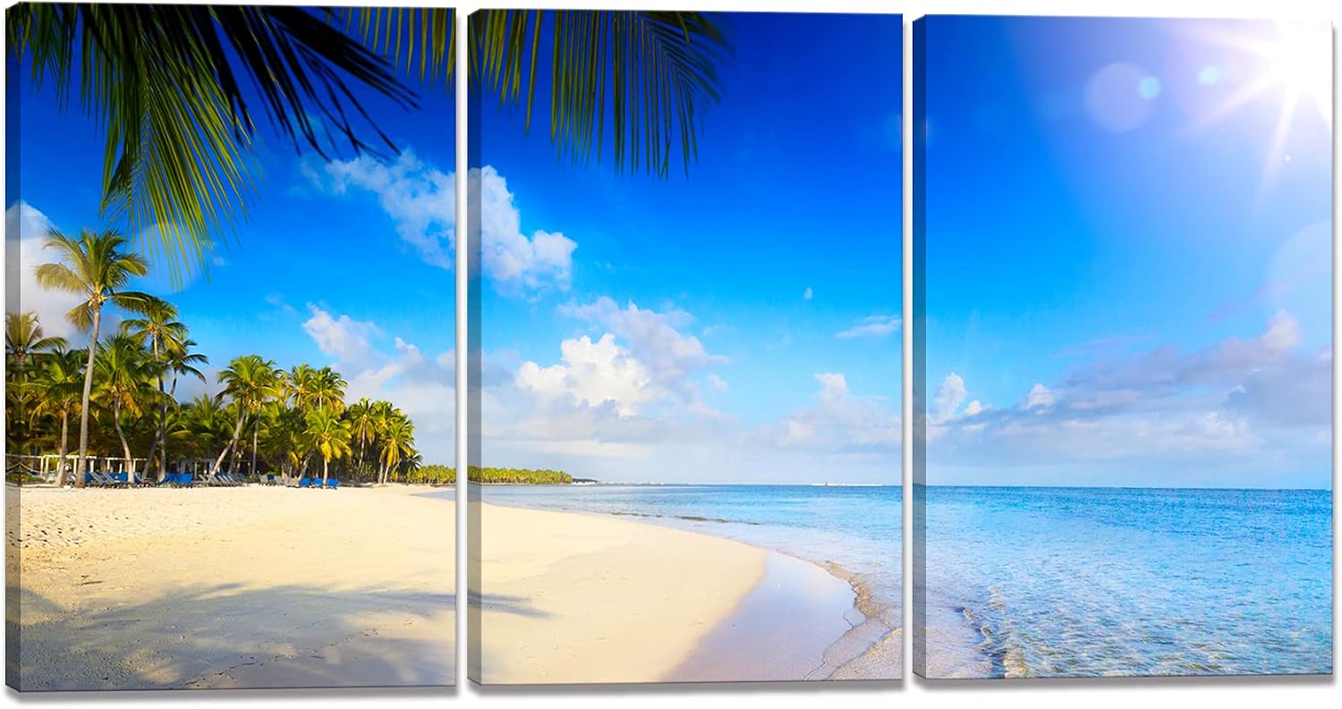 Art Panel Ocean Poster 3 Pieces Nature Interior Palm Tree Painting Ocean Painting Photo Landscape Picture Luck Painting Feng Shui Decorative Picture Wall Hanging Finished Product with Frame