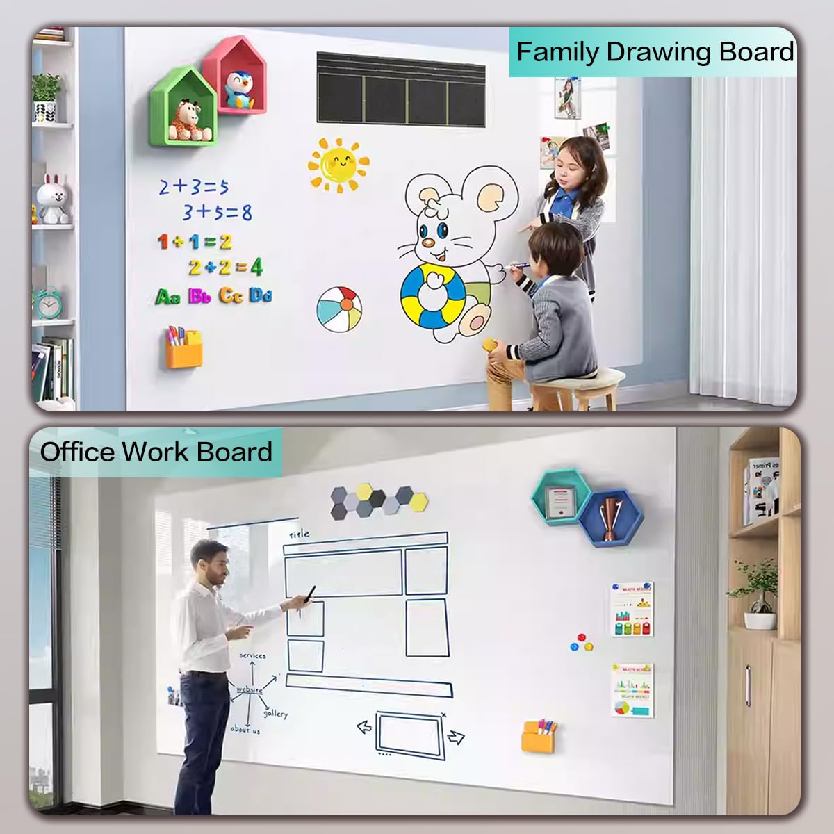 Film pour tableau blanc, 45 x 120 cm, magnétique, autocollant, pour tableau blanc, avec marqueur et éponge, film mural pour surfaces lisses à l'école, au bureau, à la maison