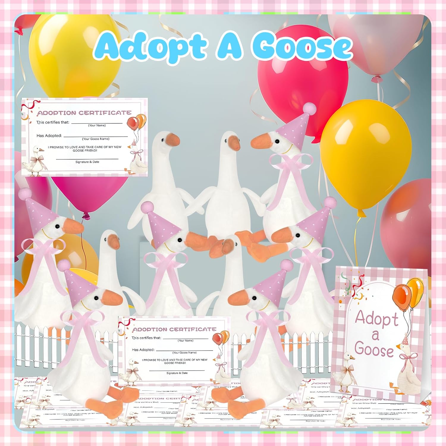 39 Pcs Adopt a Silly Goose Party Favor Include 12 Silly Goose Stuffed Animal 12 Mini Hat 12 Adoption Card 1 Adoption Sign 1 Ribbon 1 Fence for One Silly Goose Baby Shower Party 1st Birthday Decoration