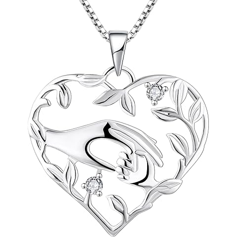 YL Heart Mother Necklace 925 Sterling Silver Mom Hand Pendant Birthstone Leaf Jewelry for Women