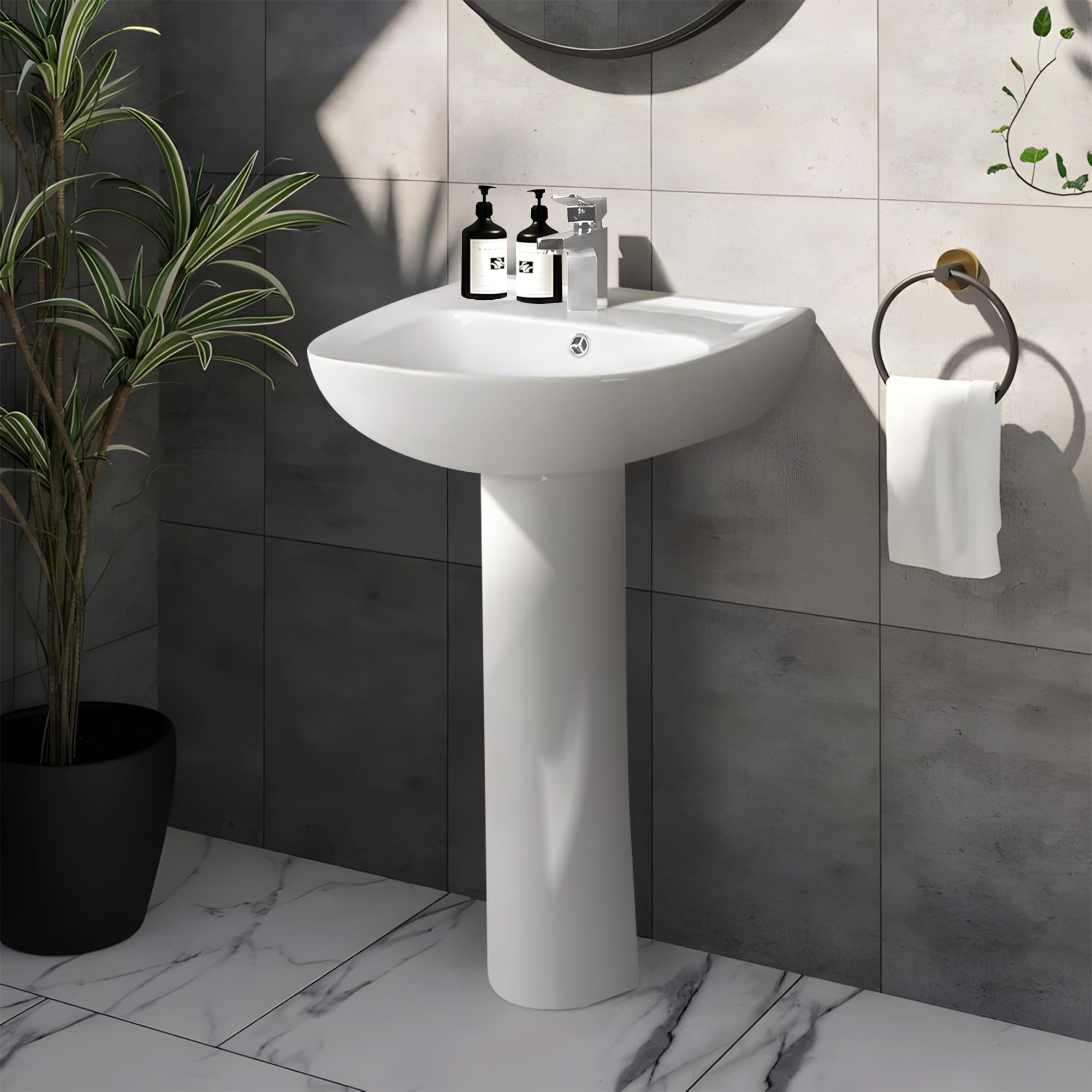 Lavabo Pedestal Moderno | Lavabo de Pie | Diseño Compacto y Elegante | Cerámica Blanca | Instalación Fácil y Rápida | Ideal para Baños Pequeños y Grandes