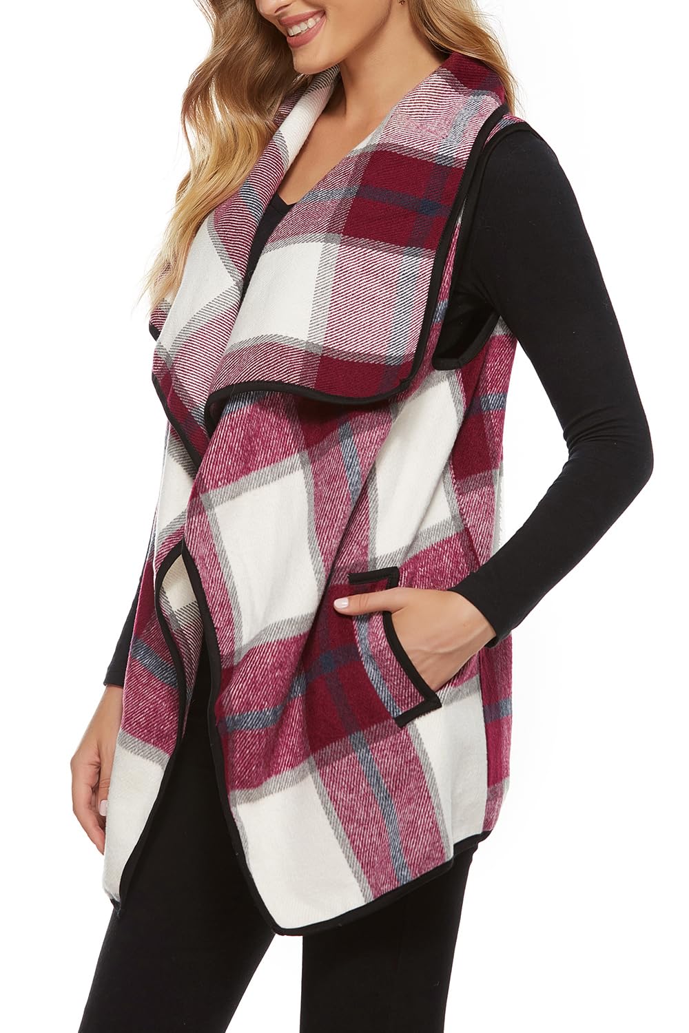 YACUN Women Plaid Vest Lapel Open Front Sleeveless Cardigan