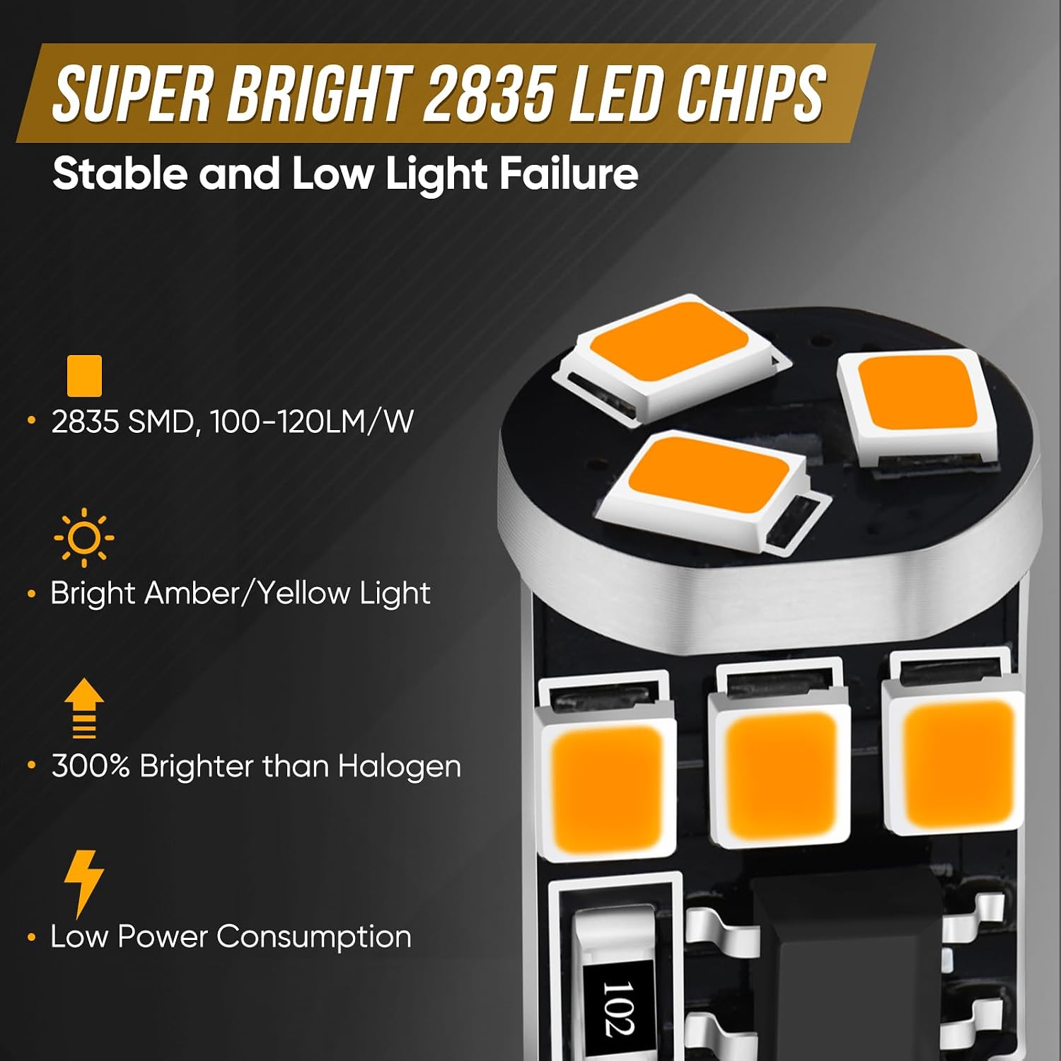 Audak 194 LED Bulb T10 W5W 2825 158 192 168 Canbus 9SMD 2835 Chipset Amber Yellow Extremely Bright Non-polarity for Car Interior Dome Map Door Courtesy License Plate Trunk Lights (Pack of 10)