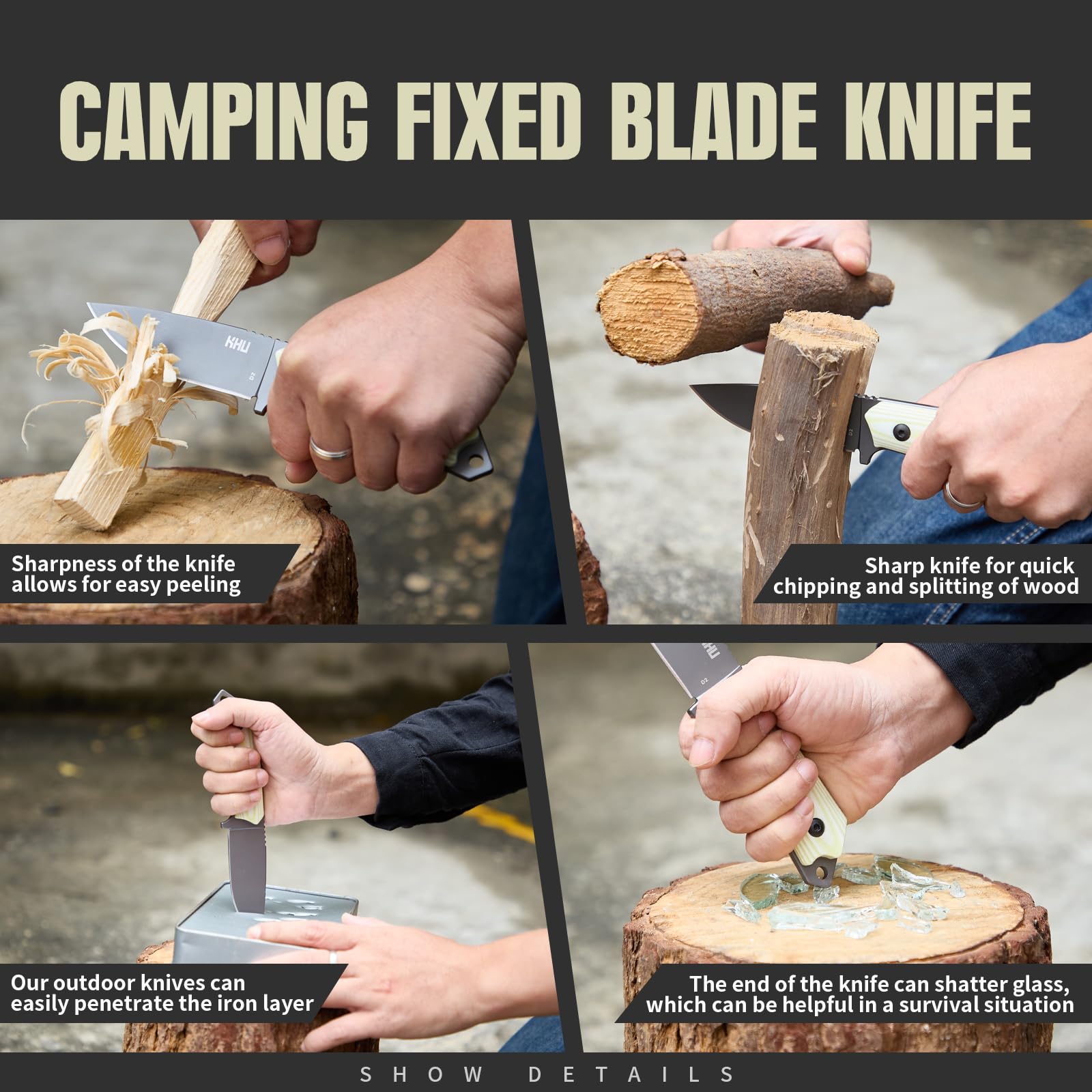 KHU Cuchillo Hoja Fija, Cuchillo Supervivencia Cuchillo Caza Cuchillo Bushcraft D2 Acero Mango de G10, Outdoor Caza Camping Accesorios - Funda Kydex - 29A