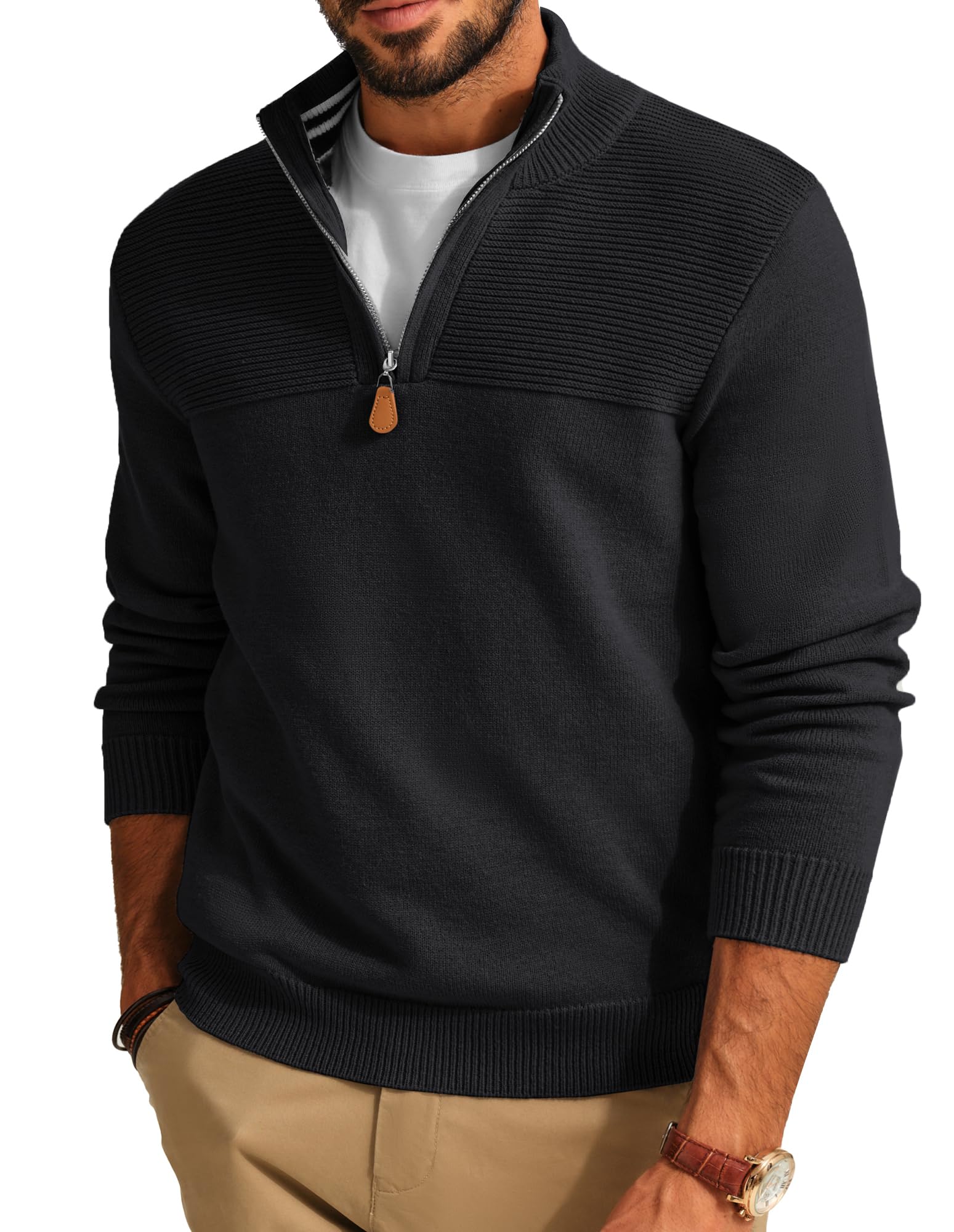 PaulJones Troyer - Jersey de punto para hombre con cremallera y cuello alto | Media cremallera, más grueso, cuello alto, suave y cálido
