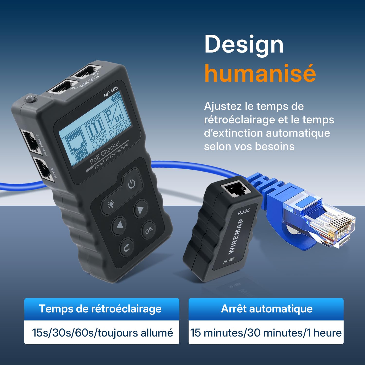 Mcbazel Testeur de Réseau RJ45 avec Testeur de Câble LCD, Testeur de Tension POE, Instrument de Mesure