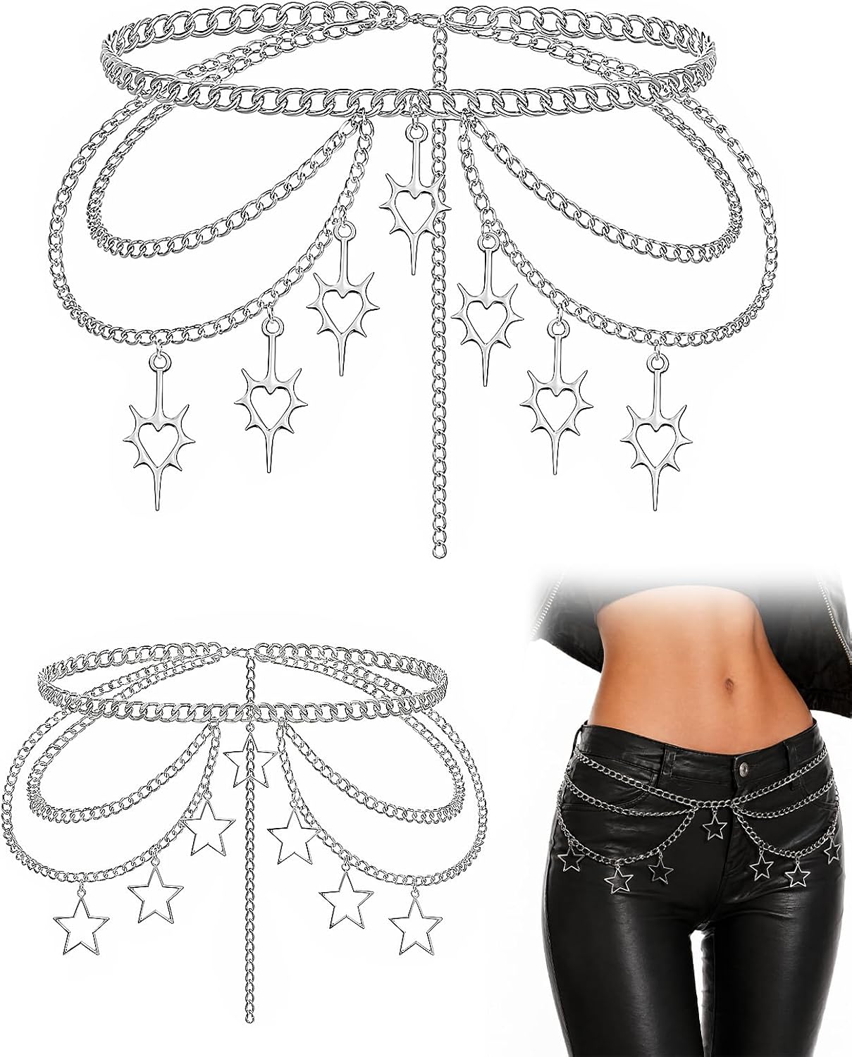 2PCS Punk Waist Chain for Women, Gothic Layered Body Chain with Star Pendant, Y2K Tassel Belly Chain Belt