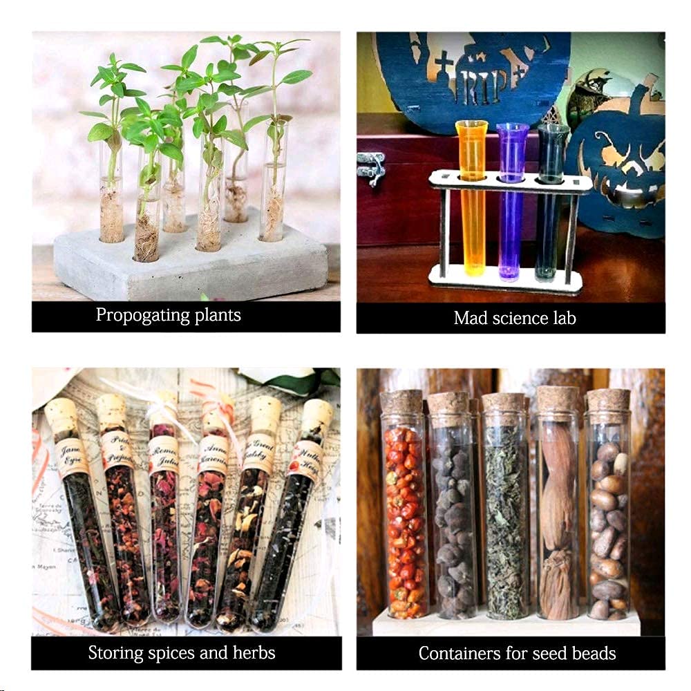 KINDPMA 20Pcs 20ml Clear Plastic Test Tubes with Cork Stopper 16x160mm Tube Holder for Flowers Crafts Candy Bath Salts Storage Halloween Science Lab Wedding Birthday Party Favor