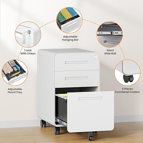 Miniatura 7 de AFAIF Archivador de 3 cajones archivadores de metal para oficina en casa pequeño archivador rodante debajo del escritorio cajón de oficina gabinete