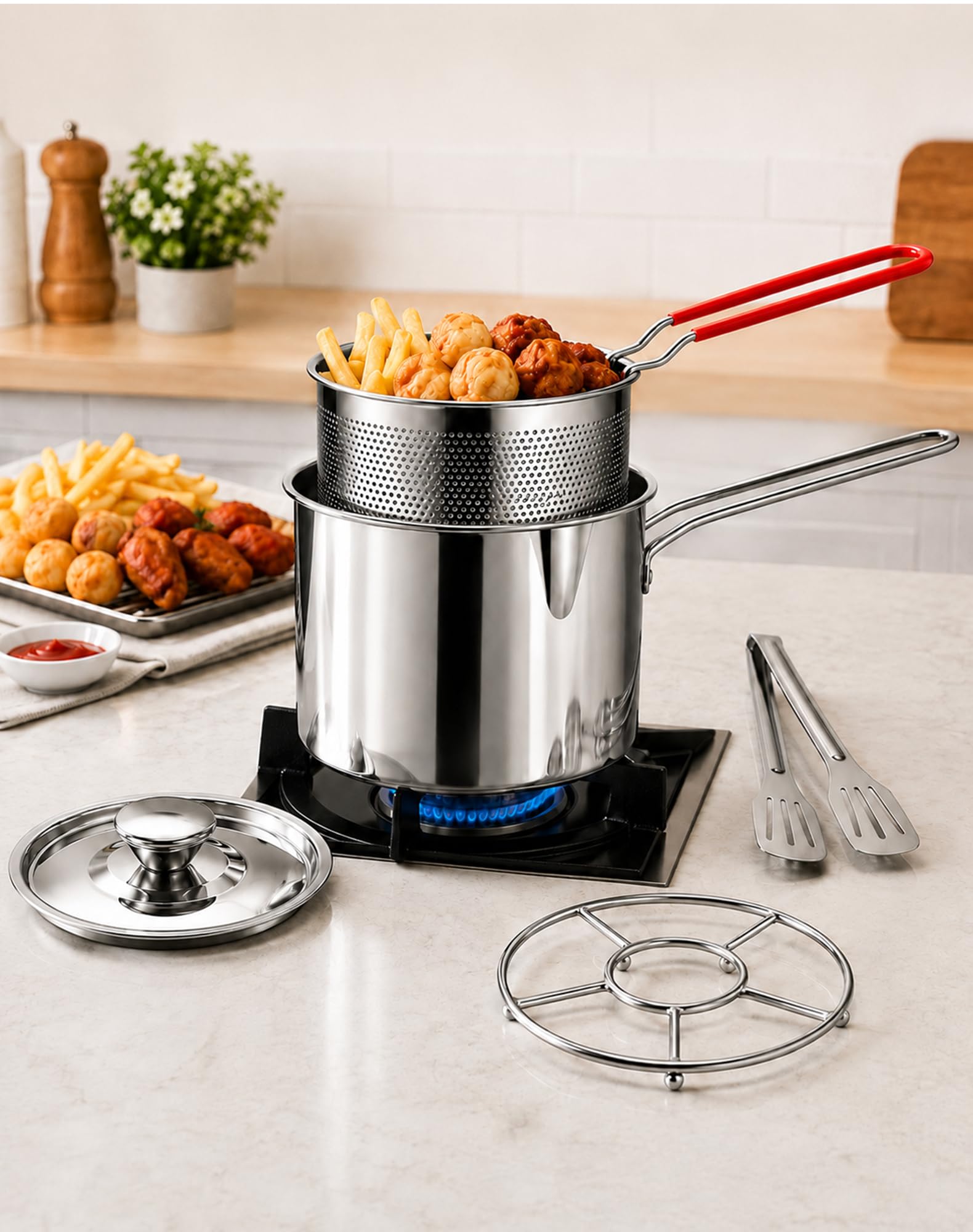 304 Stainless Steel Mini Deep Fryer Pot with Oil Strainer Basket，5pcs