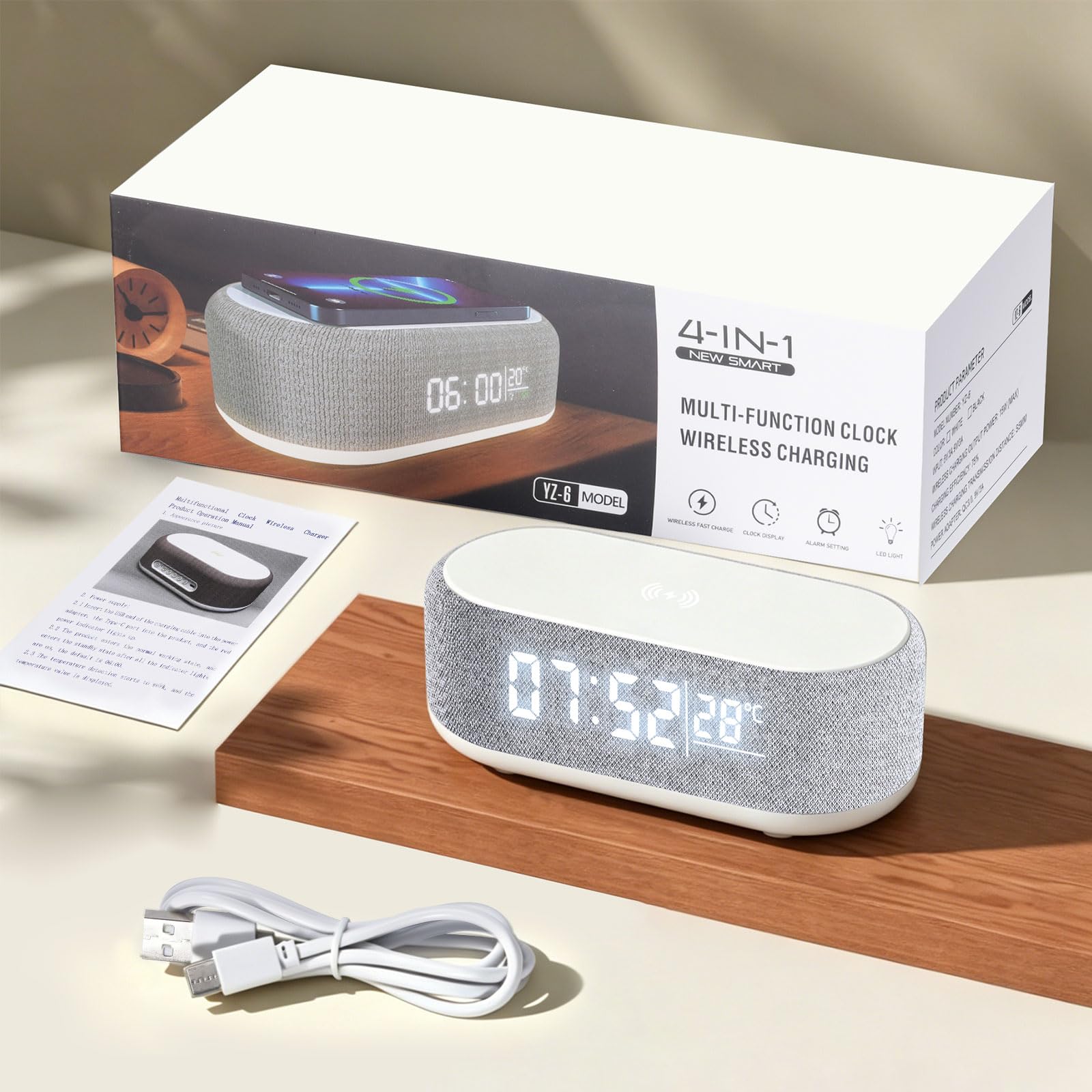 4 In1 Smart Wecker, Digitaler Tischwecker mit Licht und Ladestation, Radiowecker mit Ladefunktion & Temperaturanzeige, Helligkeit regelbar, ABS Tischuhr für Schlafzimmer Schreibtisch
