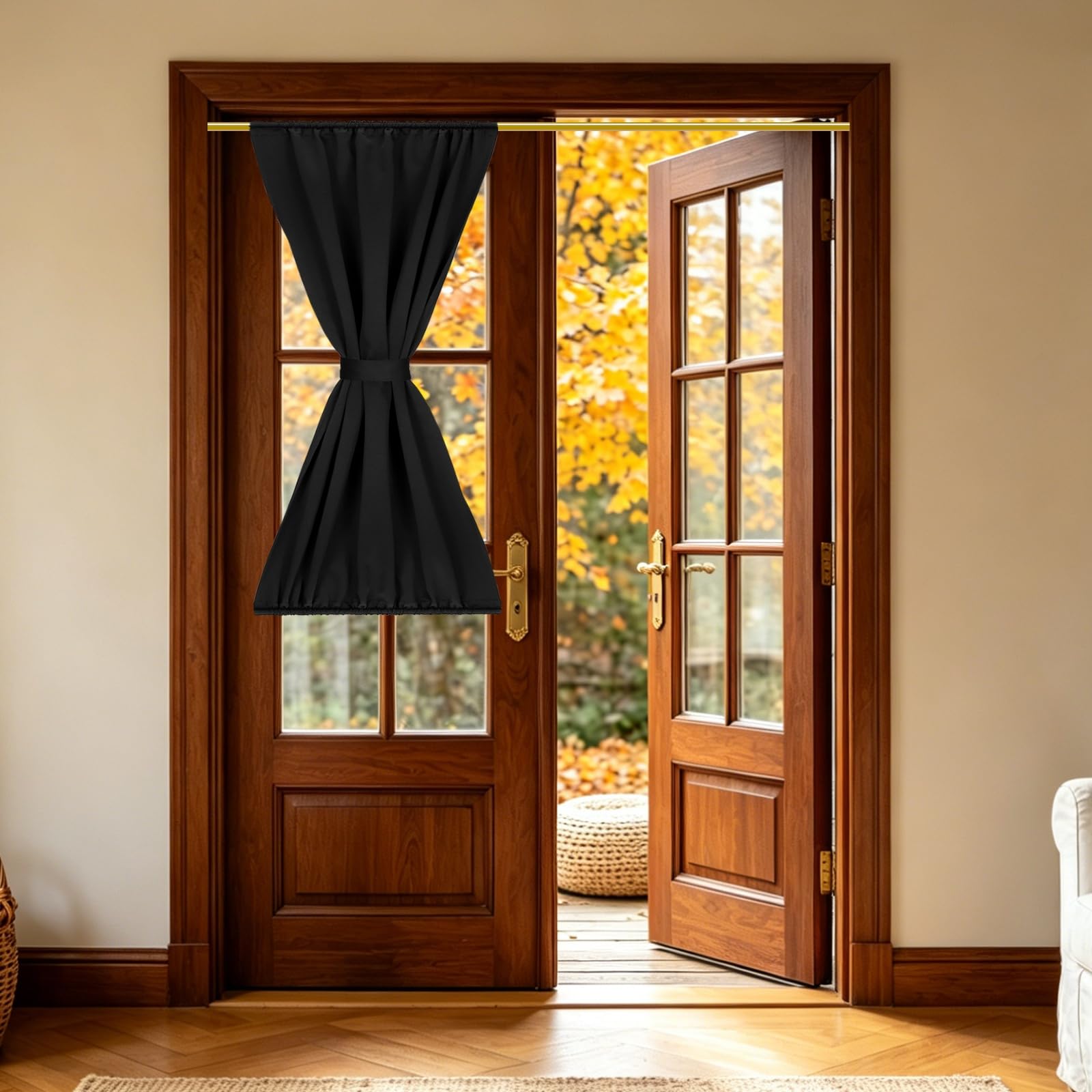 sourcing map 1 PC French Door Curtain, 76.5 x 127cm Blackout Thermal Insulated Energy Saving Drape Polyester Rod Pocket Curtains & Drapes for Kitchen Front Door Window Treatments, Black โ image 1