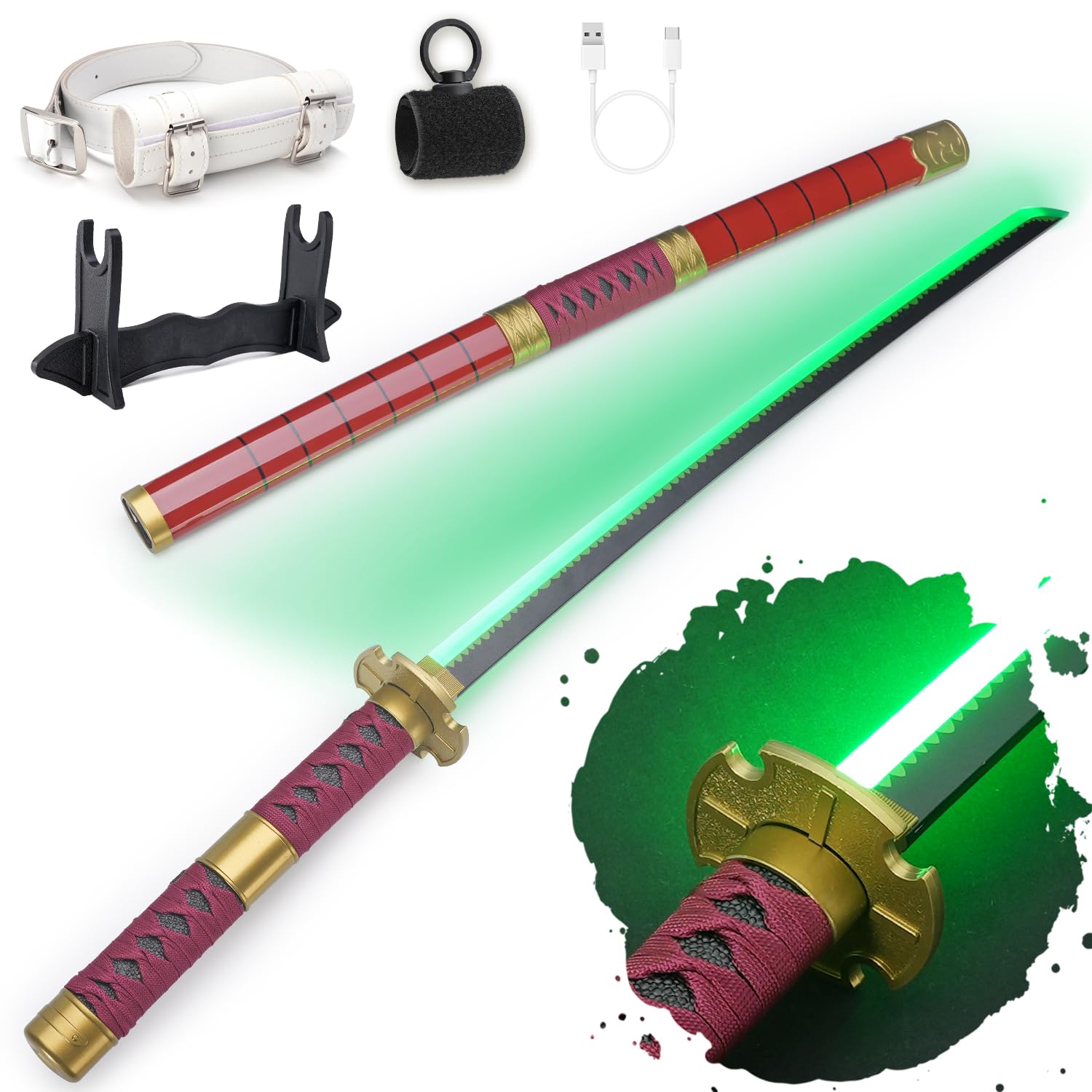 RENGENG Light Up Sword, 40 Inches Rechargeable Pre-Assembled Plastic Replica Anime Sword with Belt & Stand & Spinner