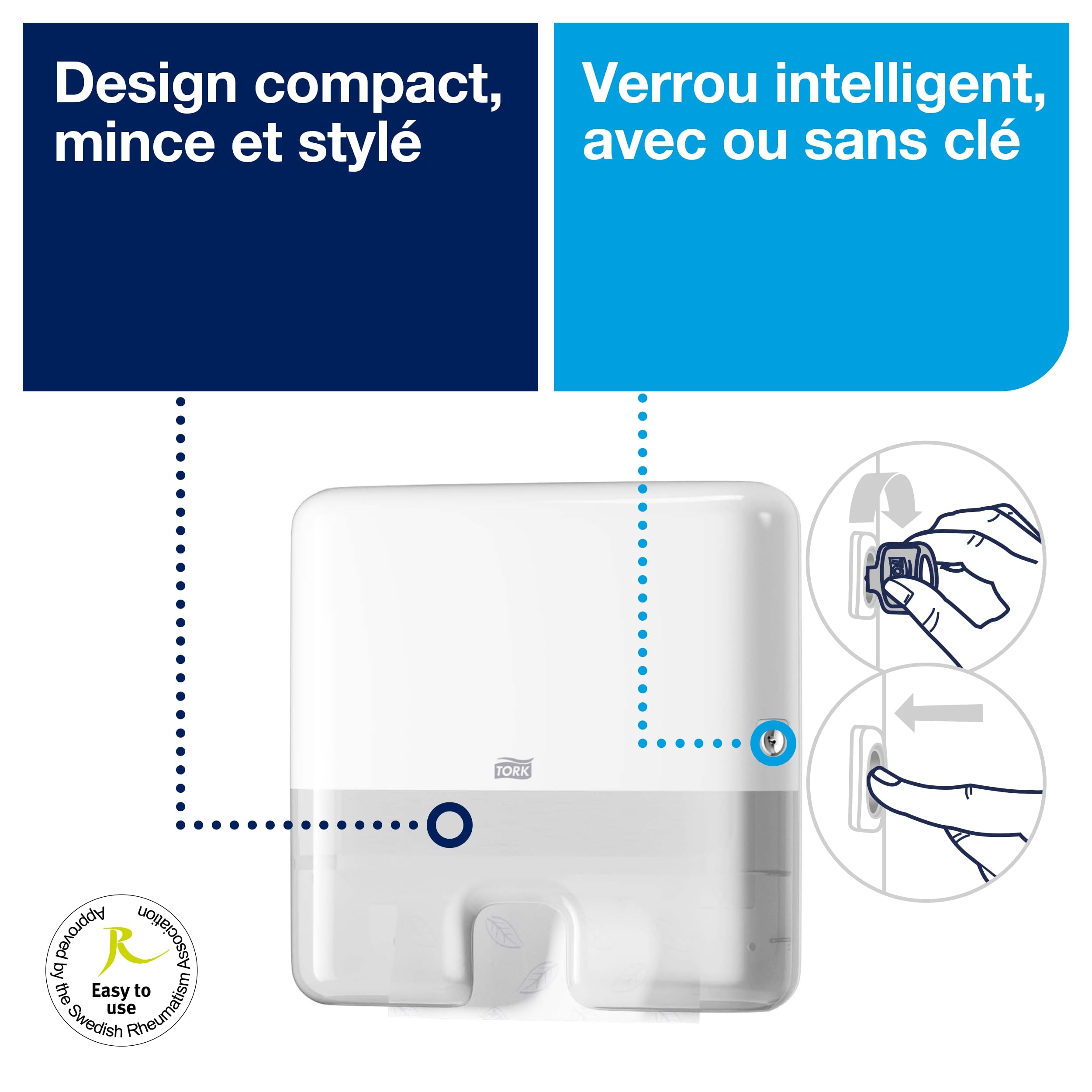 Tork Xpress, Mini distributeur murale pour essuie-mains interfoliés blanc H2, distribution feuille à feuille, gamme Elevation, 552100