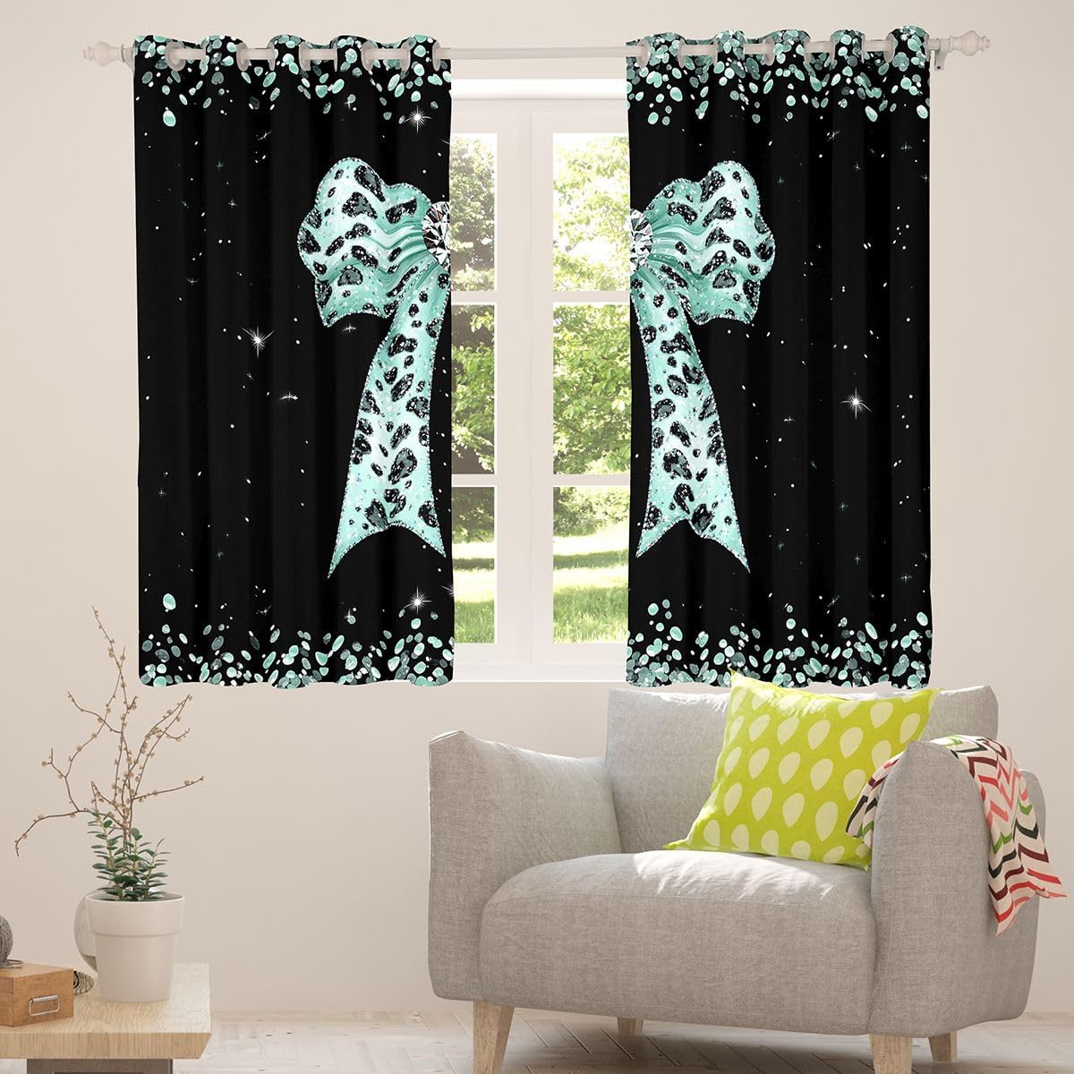 Feelyou Bow Blackout Curtains Bowknot Darkening Drapes for Bedroom Living Room Decor Green Bow Thermal Insulated Shades Leopard Print Window Treatments, 2 Panels 38 x 54 Inch Glitter