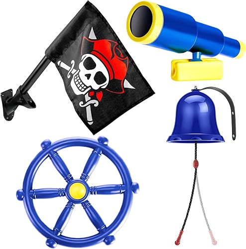 Junkin Juego de 4 piezas de accesorios para patio de recreo al aire libre para niños, incluye barco pirata, rueda, bandera, campana, telescopio para