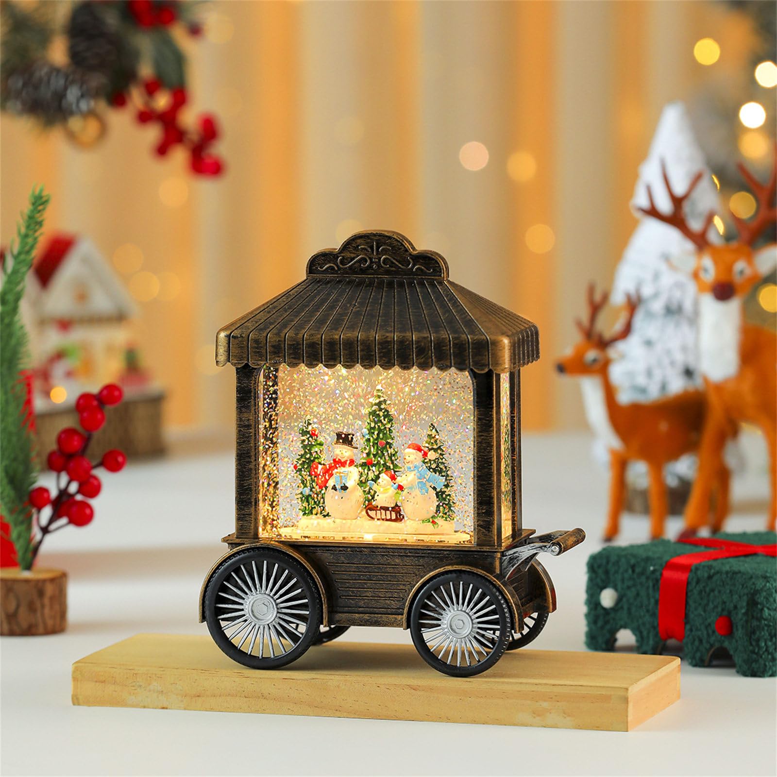 Weihnachtsfigur-Spieluhr aus Kunstharz, Wagen mit Schneefall, Tischdekoration, für Kinder, Erwachsene, Geburtstag, Schnee-Dekoration