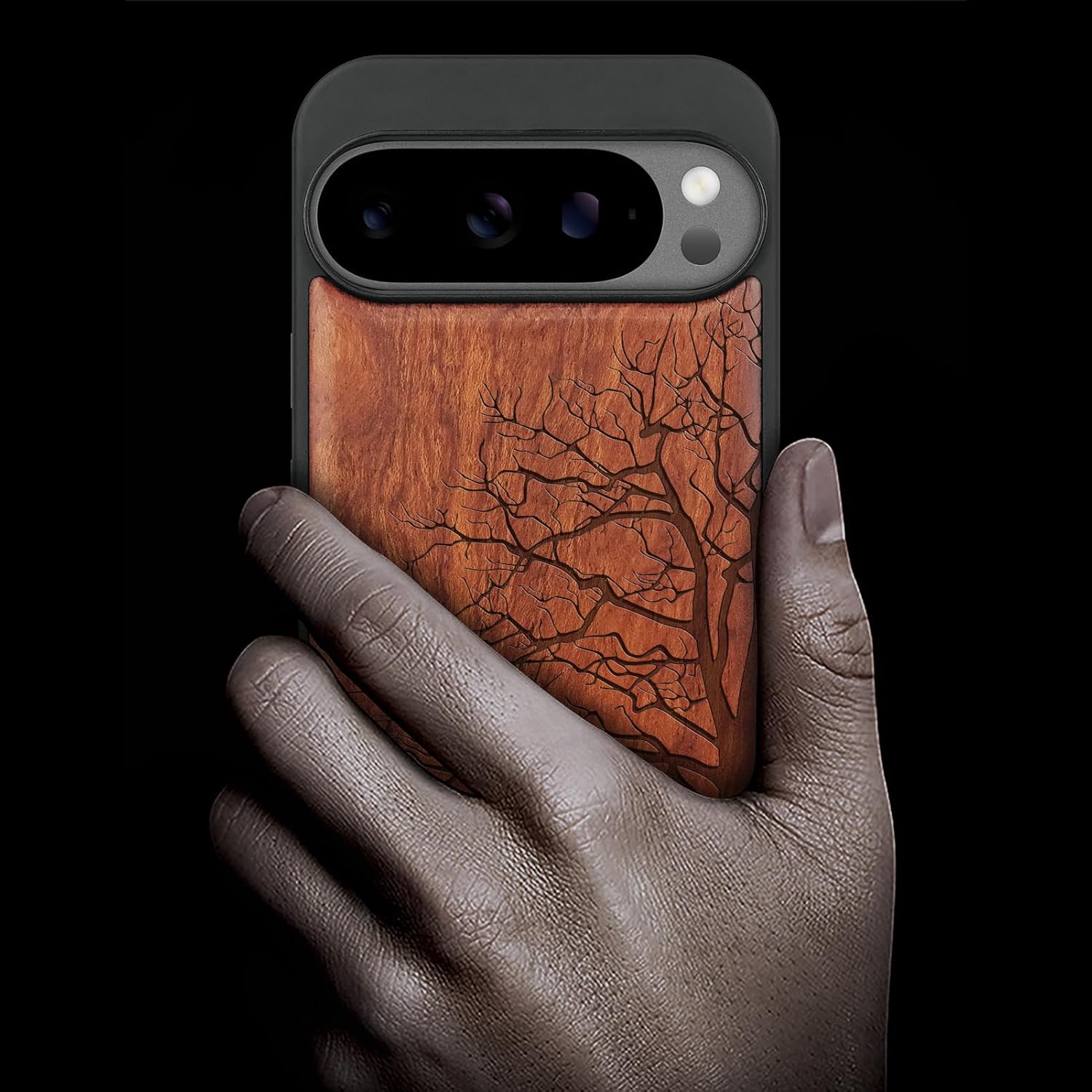 Carveit Magnetic Wooden Case for Google Pixel 10 Pro XL Case, Wood Artisan Engraved & Soft TPU Shockproof Cover, Compatible with MagSafe Wireless Chargers (The Bare Tree) Rosy