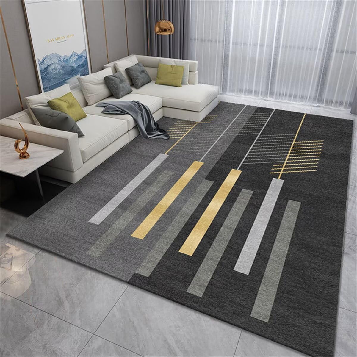 Tapis de salon gris et jaune moderne de 60x120cm à lignes