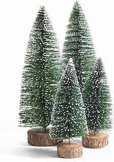 Tiny Christmas Trees, 4pcs Mini Artificial Xmas Sisal Snow Frost Tabletop Trees, Green Bottle Brush Trees with Wood Base, for Christmas Décor