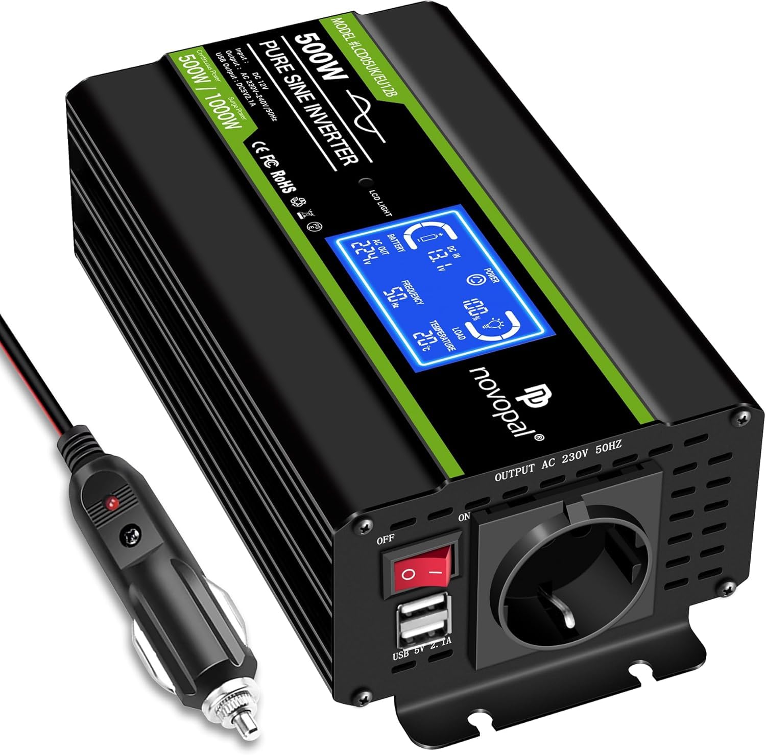 NOVOPAL 500W Wechselrichter 12V auf 230V 220V Reiner Sinus Spannungswandler mit intelligenter LCD-Anzeige - 2USB-Ausgang, EU-Stecker Für Auto KFZ Wohnwagen LKW
