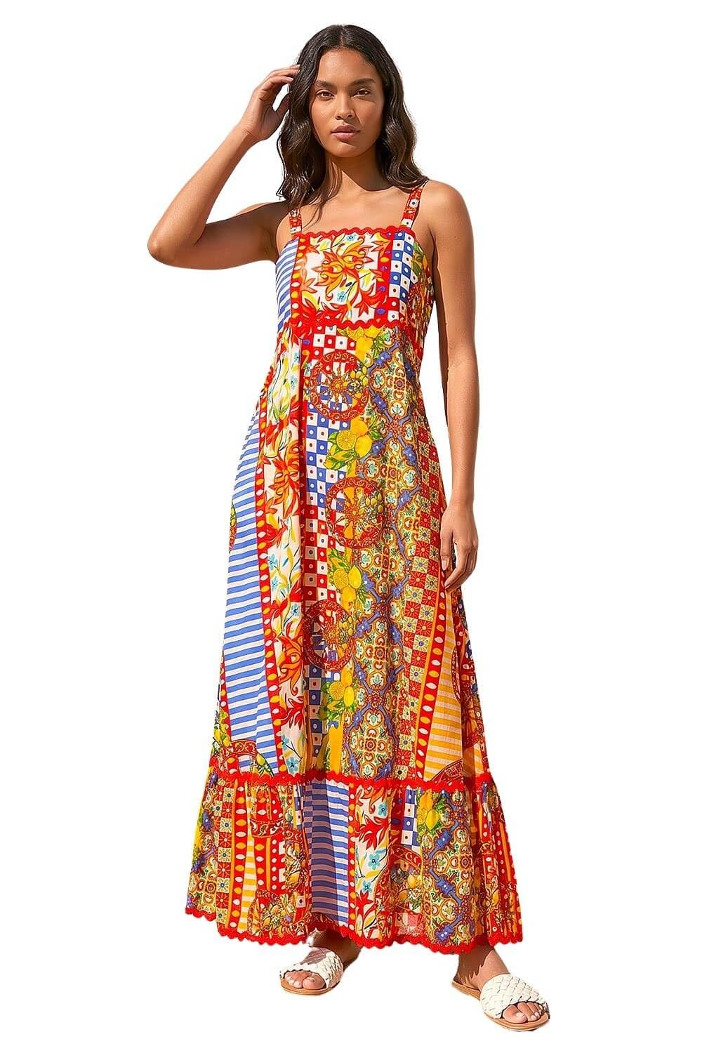 Roman Originals Floral RIC Rac Maxi Dress for Women UK - Ladies Everyday Holiday Spring Summer Square Neckline Comfy Soft Evening Vacation Work Party