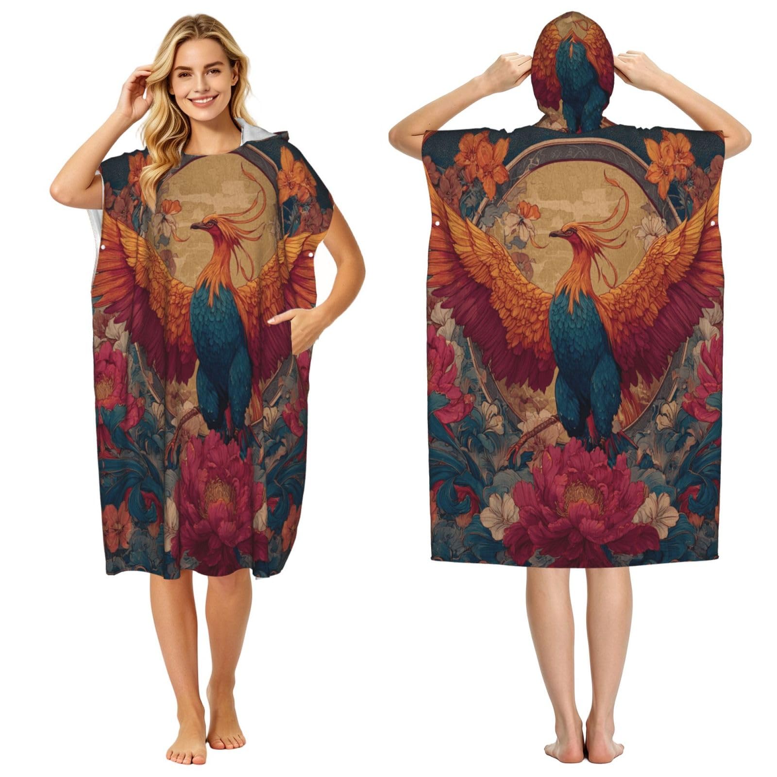 DTHKJNLSF Beautiful Phoenix Adult Hooded Beach Poncho Towel