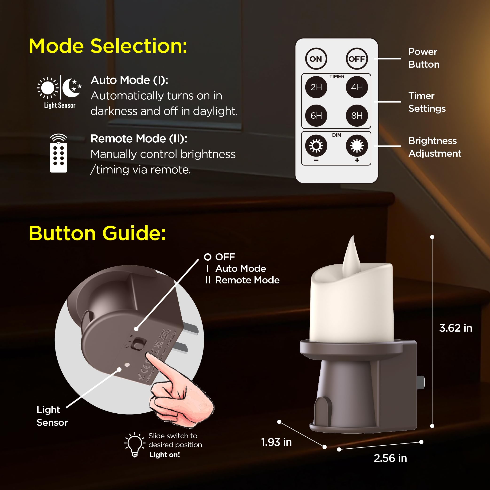 Veilleuse 2 en 1 à brancher (lot de 2) – Double mode : capteur du crépuscule à l'aube ou télécommande avec minuteur, bougie électrique à intensité variable pour décoration de couloir de