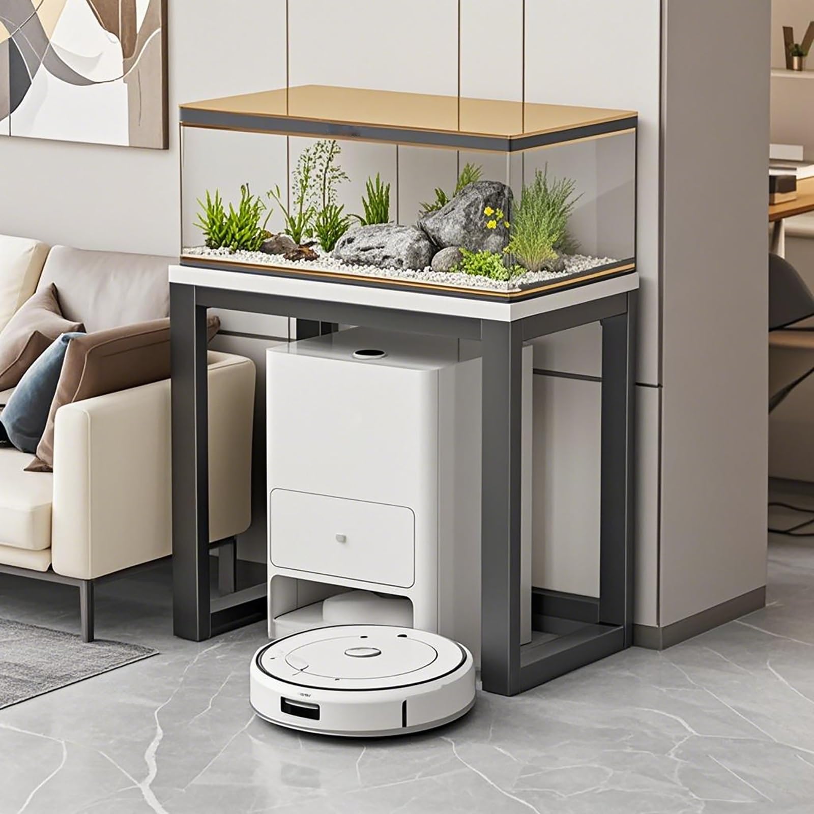 Mesa soporte para pecera con tapa de madera y almacenamiento