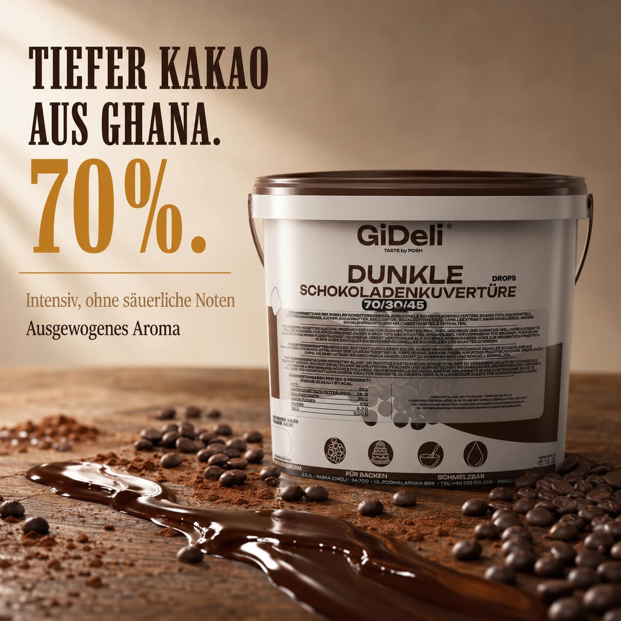 GiDeli Dunkle Schokoladenkuvertüre 70% Drops 5kg im Eimer - Professionelle Zartbitterschokolade zum Temperieren - Kakao aus Ghana - Fließfähigkeit 45 - Ideal für Torten, Pralinen & Ganache