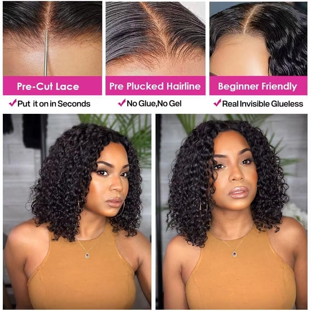 Bob Wig Human Hair Wear and Go Glueless Wigs 4x4 HD Lace Front Wigs Pre Plucked Pre Cut 180% Density Brazilian Virgin Curly Human Hair Wigs For Women 14 Inch Wear and Go Glueless Wig - Image 3