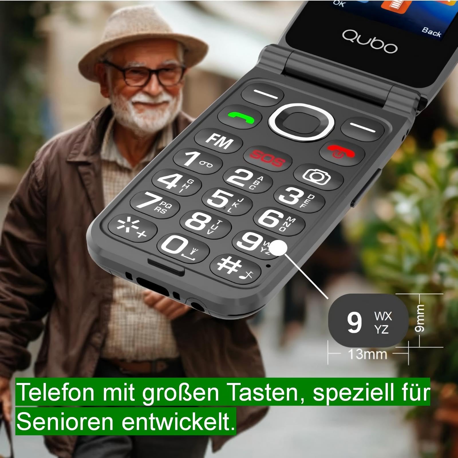 Qubo Seniorenhandy Klapphandy Ohne Vertrag, Großtastenhandy, GSM Flip Mobiltelefon SOS Notruffunktion, Taschenlampe, FM-Radio, 2,4 Zoll Farbdisplay, Schwarz