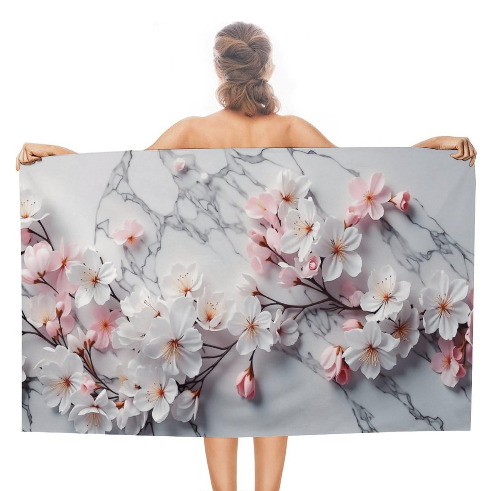 Anceky Cherry Blossom Marble Beach Towel Microfiber Soft Absorbent Oversized Large Bath Towel Blanket Thin Quick Dry for Adults Swimming Pool Yoga Gym Travel 51"X31"