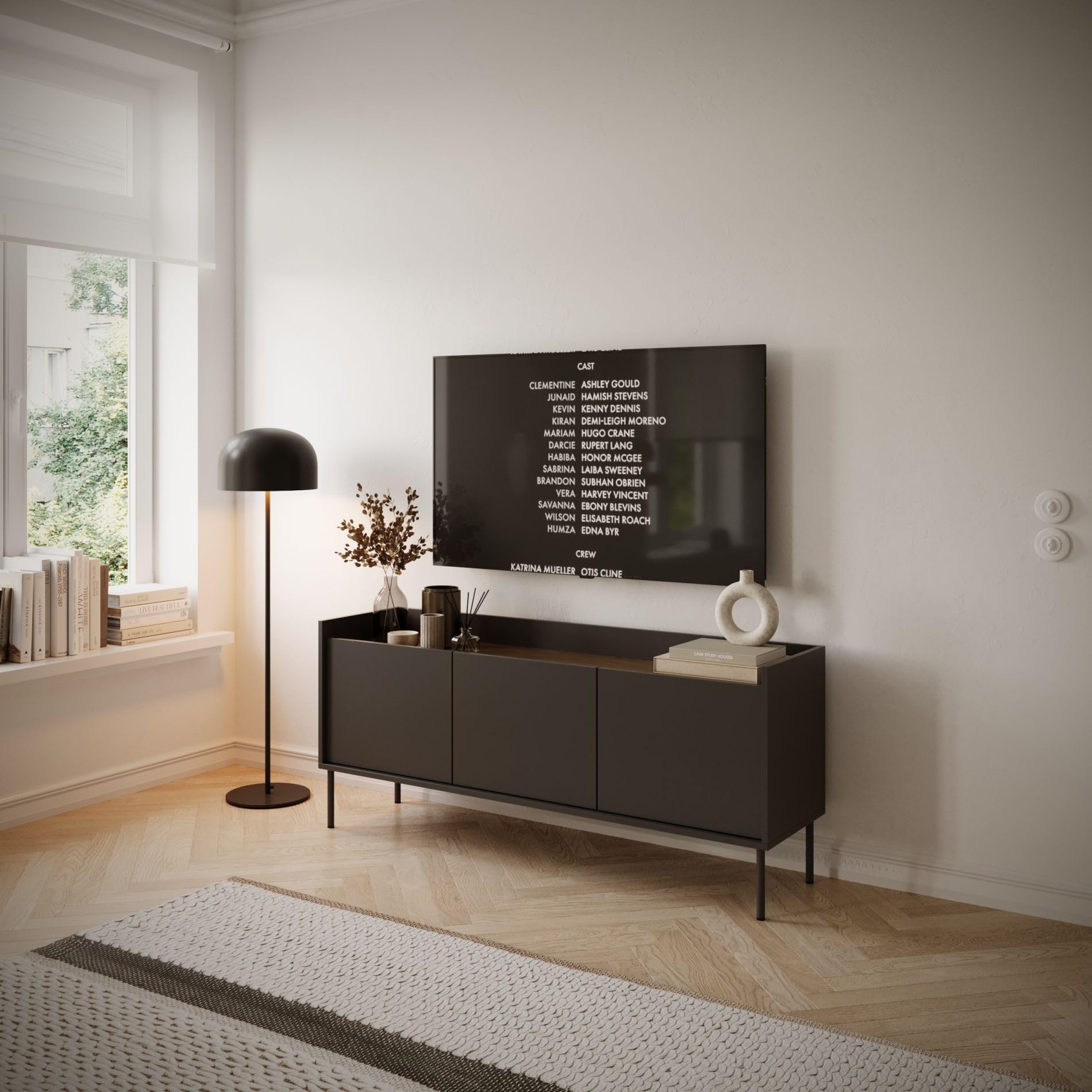 Selsey Mobile TV Moderno Design Minimalista Nero 140 cm Mobile Porta TV Soggiorno Opaco con Gambe Metalliche, Ripiani Spaziosi Prodotto in Polonia