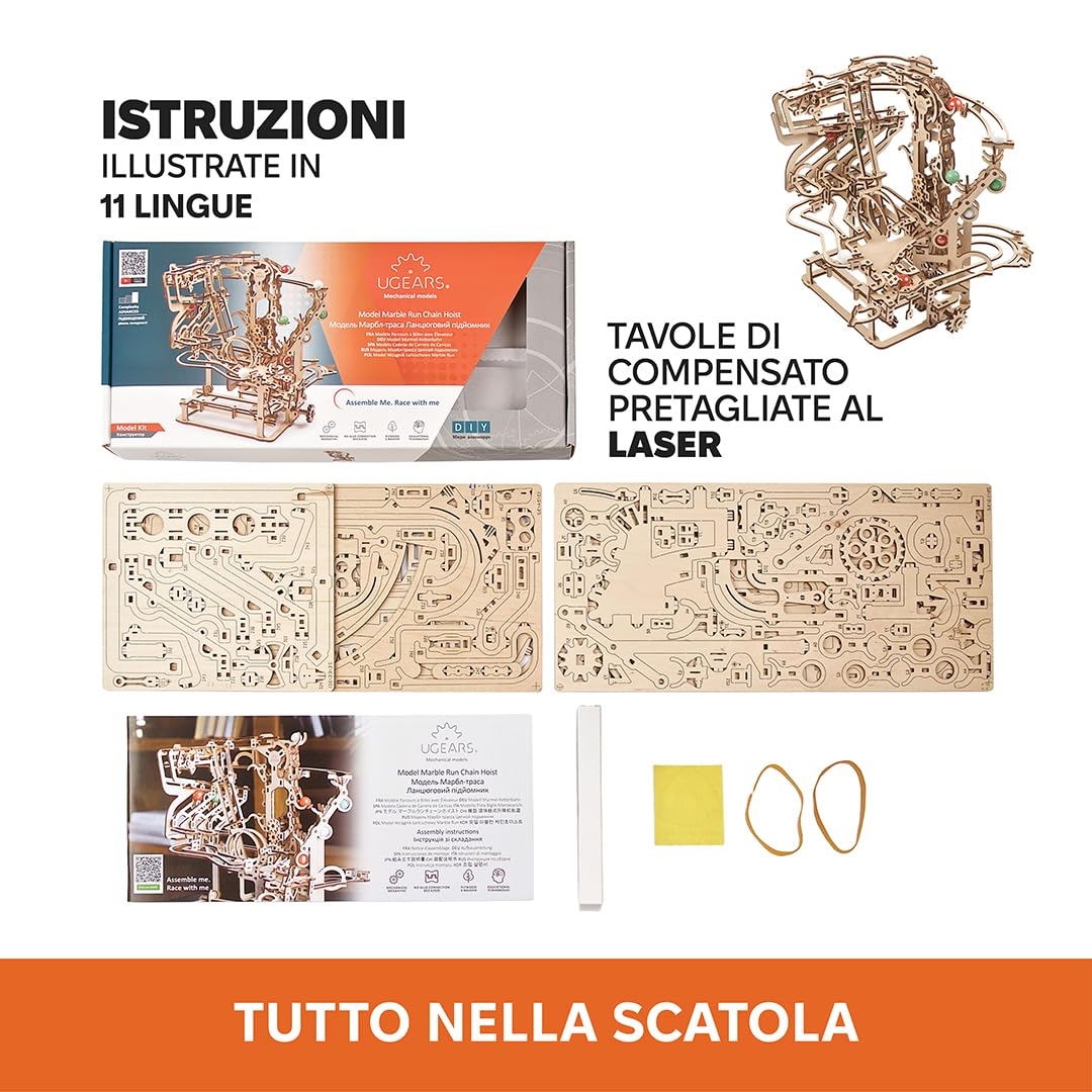 UGEARS Marble Run Chain Hoist in Legno - Puzzle Meccanici 3D in Legno per Adulti, Kit Modello Fai-da-Te per Adulti, Unici - Gioco di Biglie 3D Regali per Amanti dei Puzzle 400 Pezzi