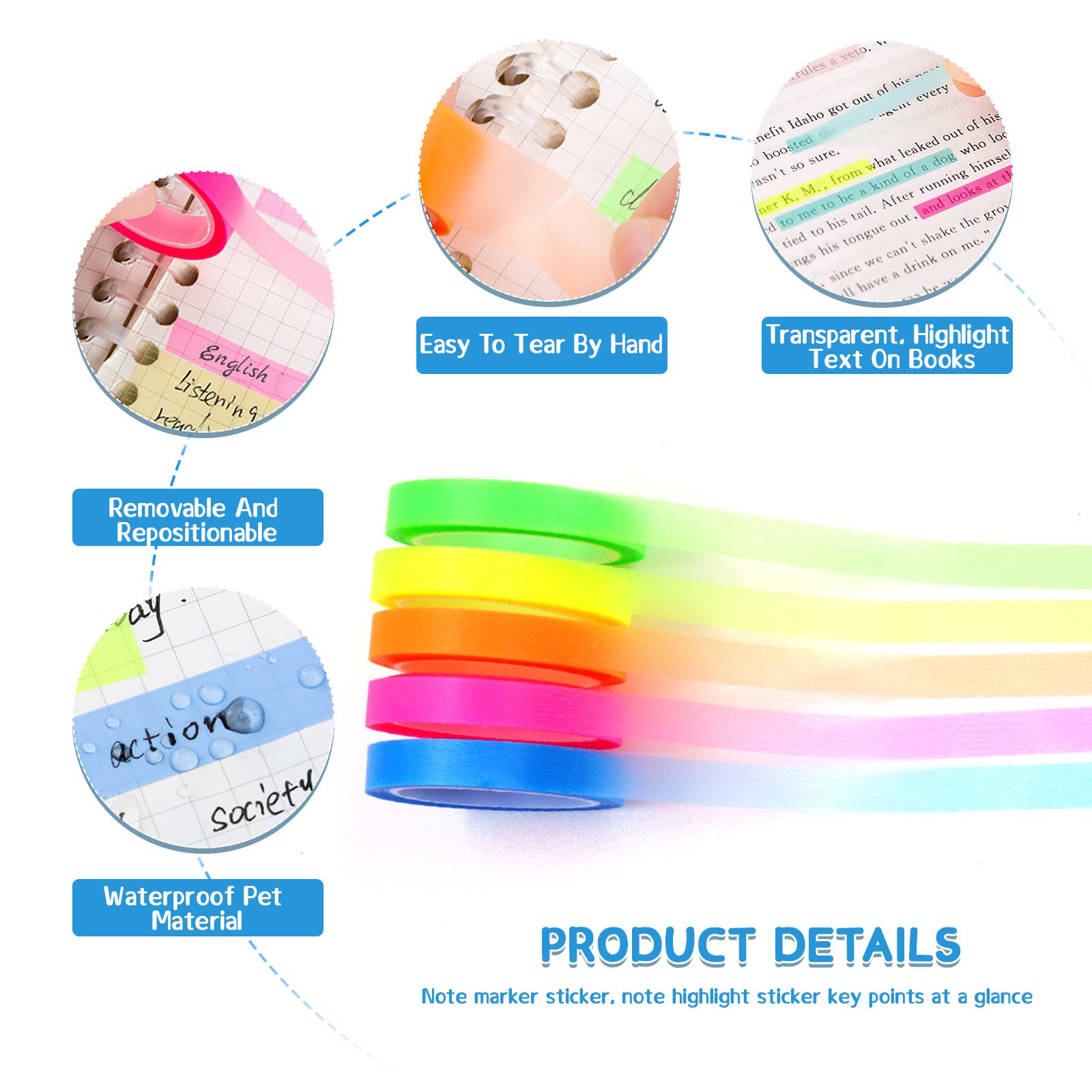 TIESOME 3000Pcs Cinta Resaltadora, Marcapáginas Transparente Adhesivo Largo Pestañas Index Tabs Tiras De Rotulador Transparentes Etiquetas Adhesivas Para Anotar Libros(3000 Piezas Color