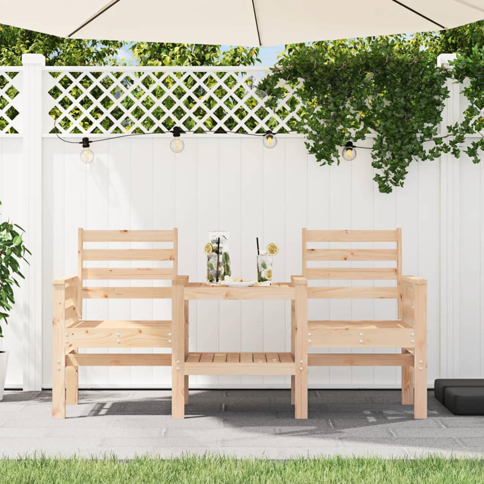 Gartenbank mit Tisch 2-Sitzer Kiefer 175x55x89 cm | Massives unbehandeltes Kiefernholz, integrierter Tisch 52x44,5 cm, wasserdurchlässiges Lattendesign