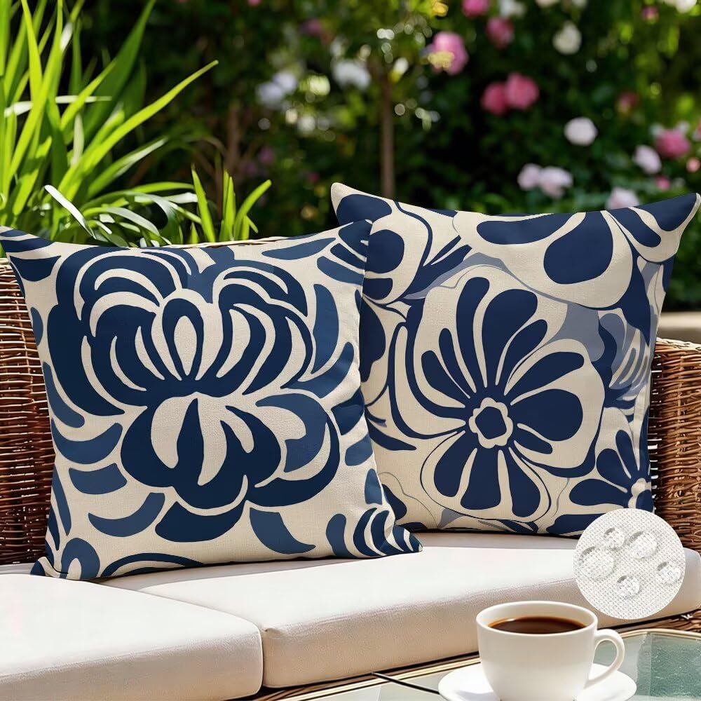 Federe Cuscini da Esterno Impermeabili 65x65 Blu Navy Copri Cuscini per Divano Fiori Federa Cuscino Astratto Decorativi Copricuscini per Divano Giardino Patio Soggiorno Copricuscino Set di 2 (IU367)