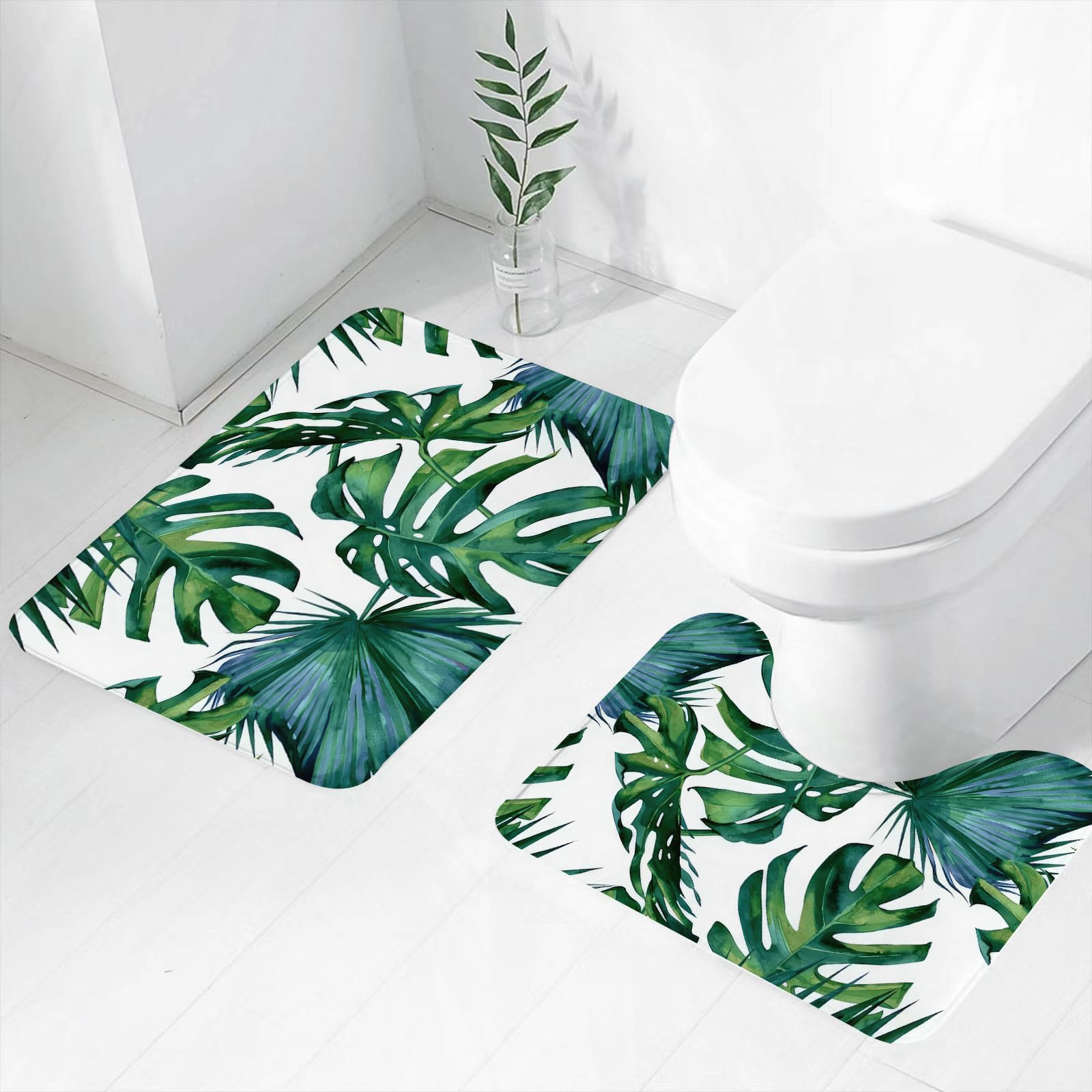 Set di 2 tappetini da Bagno, Lavabili in Lavatrice e Antiscivolo, in Morbida Fibra Superfine, con Motivo a Palma e Monstera.