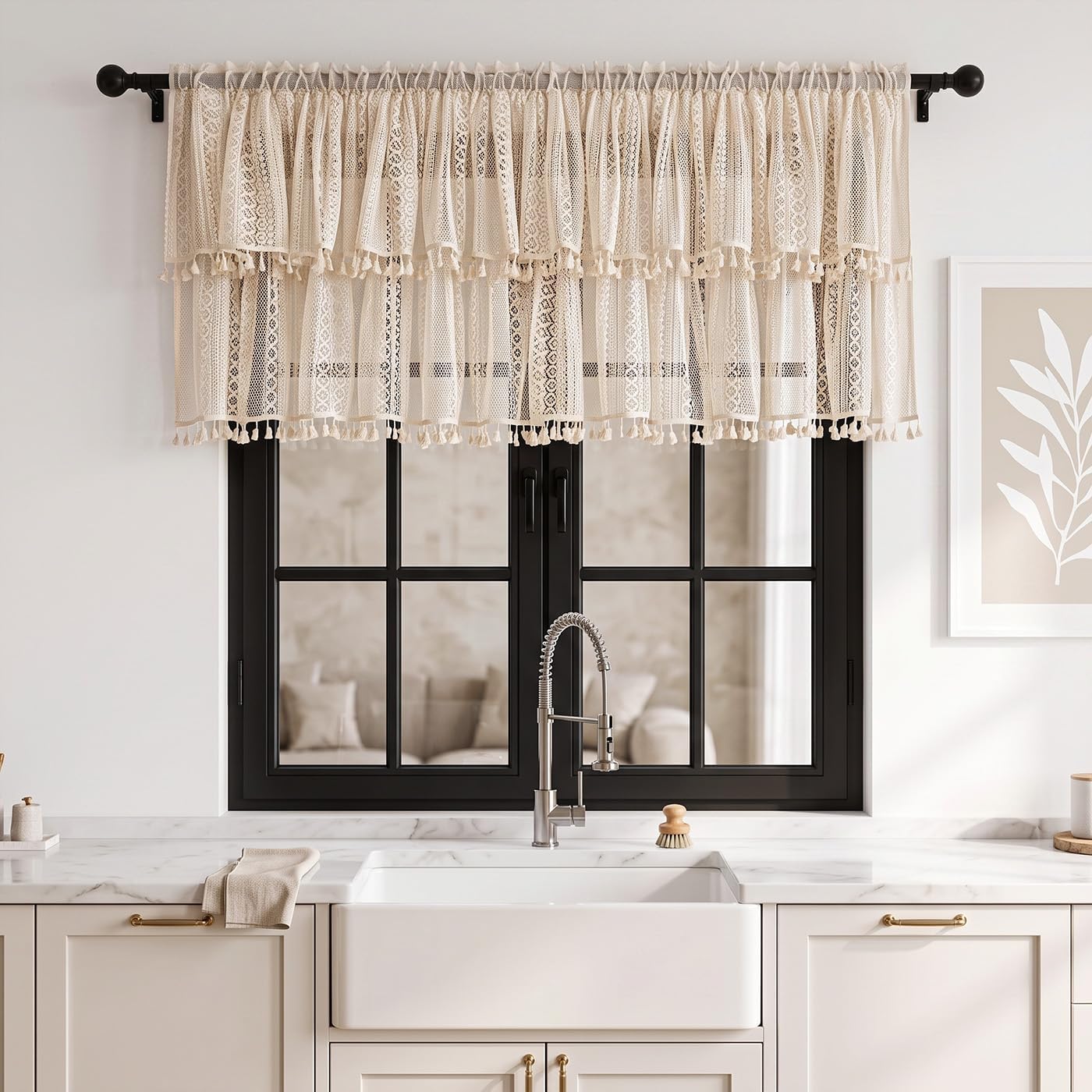 Boho Valance Lace Crochet Beige Small Curtain with Tassels 60"W x 18"L, 1Pc