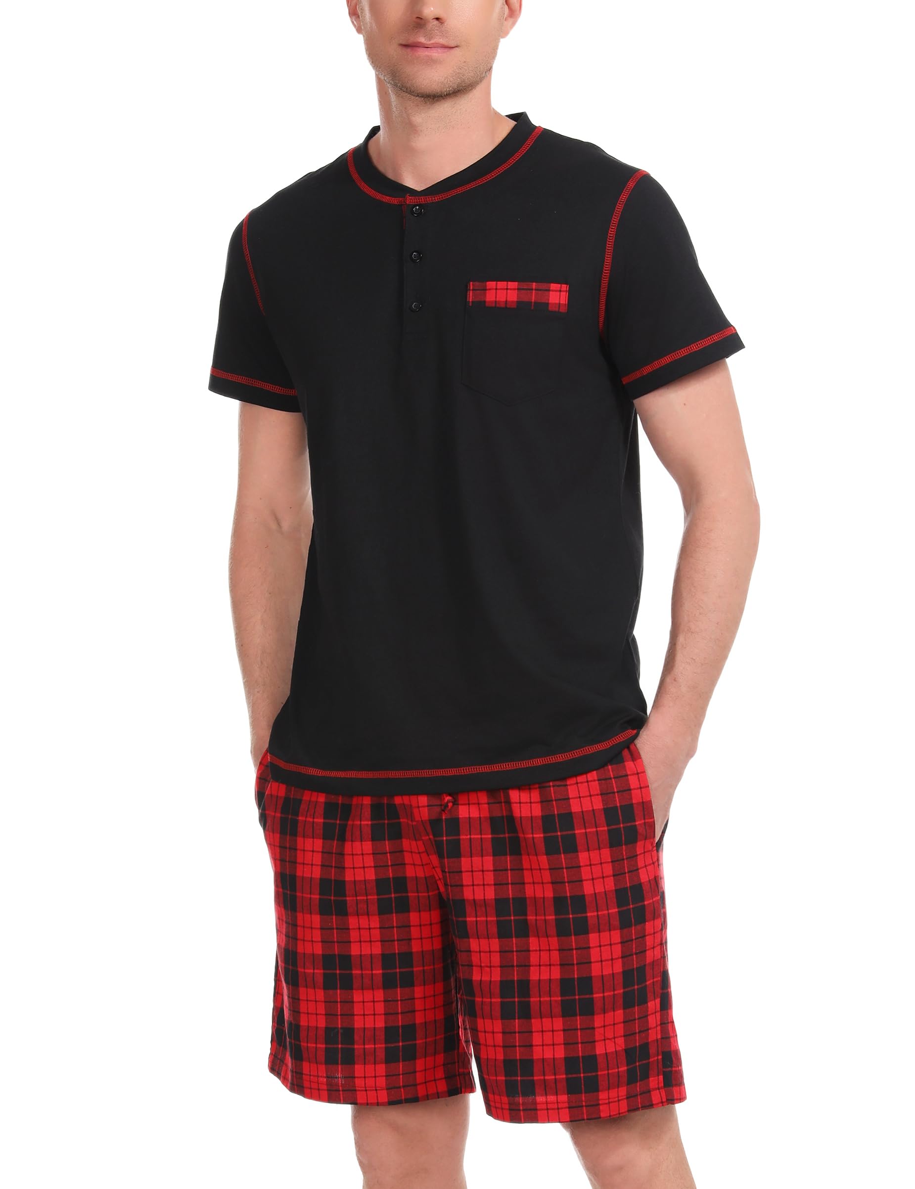 Litherday Schlafanzug Herren Kurz Pyjama Zweiteiliger Kurzarm Nachtwäsche aus 100% Baumwolle Shorty Pyjamas Set Sommer Sleepwear S-3XL