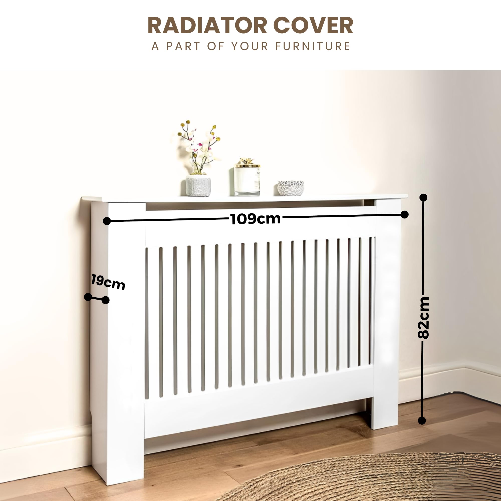 Cubreradiador. Cubierta Radiador. Protector Refractario Blanco de MDF con Estante y Listones. Mueble con Diseño Moderno de Rejilla Elegante para Salón, Domitorio, Oficina (109x82x19cm)