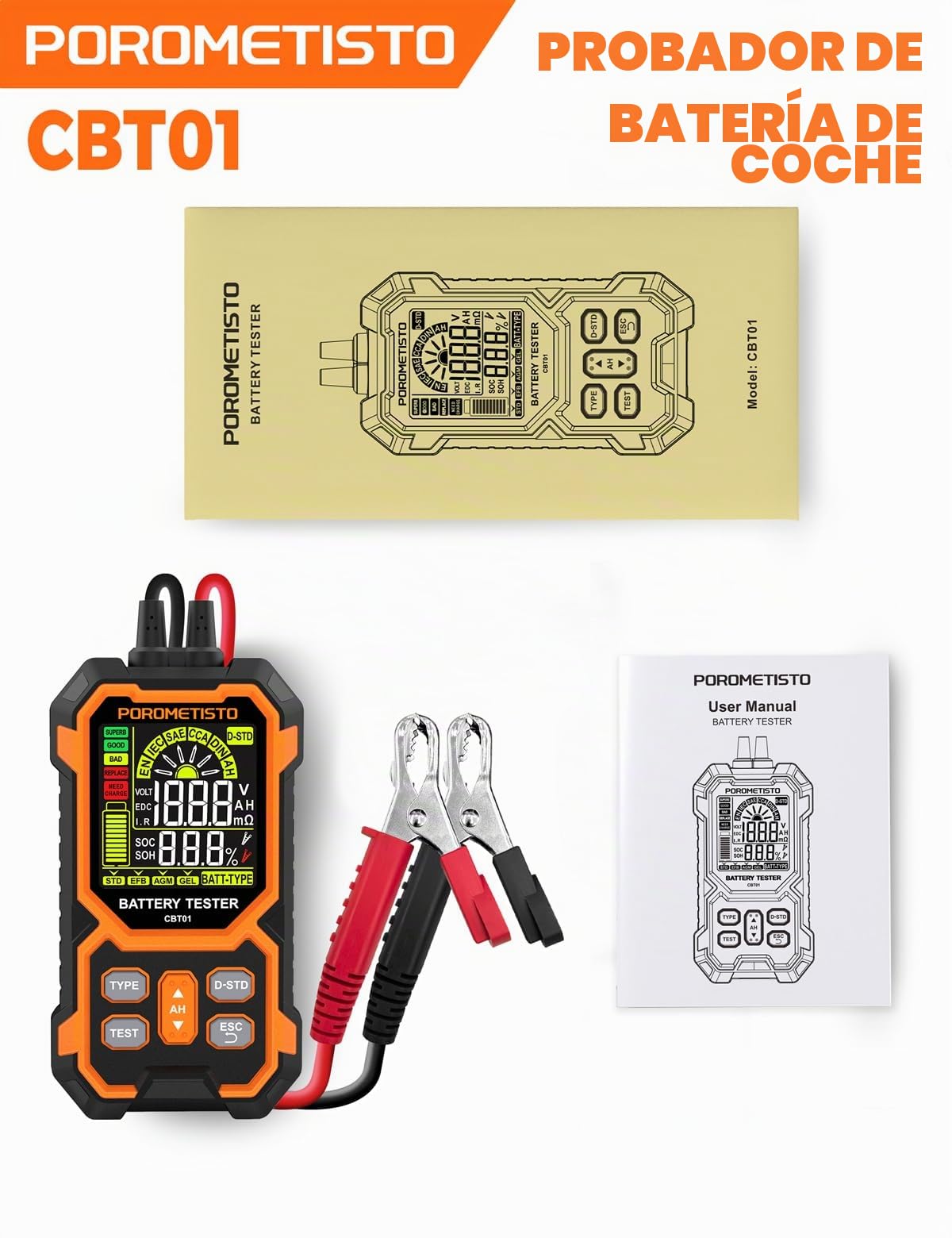 Comprobador De Baterias de Coche POROMETISTO CBT01 | Probador batería 12V/24V 50-1999 CCA. Para autos, motos, 4x4. Mide V, resistencia, CCA, SOC, SOH. Para aficionados y pros