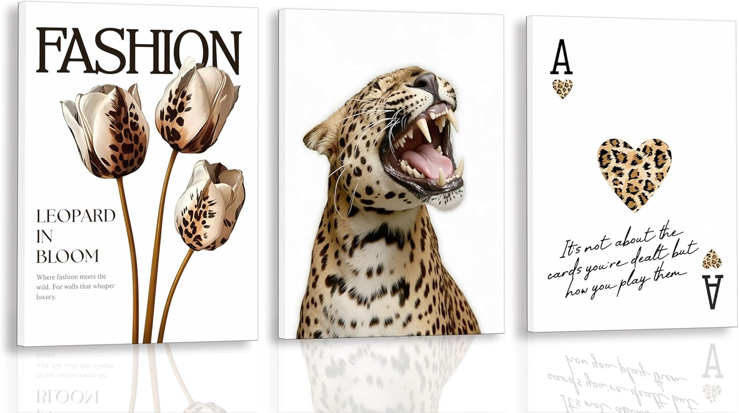 3Pcs Framed Leopard Theme Wall Art Canvas Set Featuring Fashion Tulips Roaring Leopard Canvas and Heart Cards Paintings Posters Prints Pictures for Living Room Bedroom Home Wall Decor Decoration