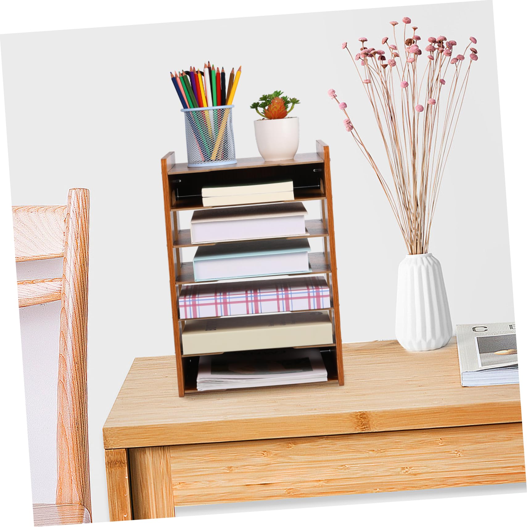Angoily Organizer Scrivania in Ciliegio Strati Portadocumenti Impilabile per Ufficio e Casa Portaoggetti Multifunzionale per Libri Cancelleria e File Design Compatto e Stabile per Tavolo